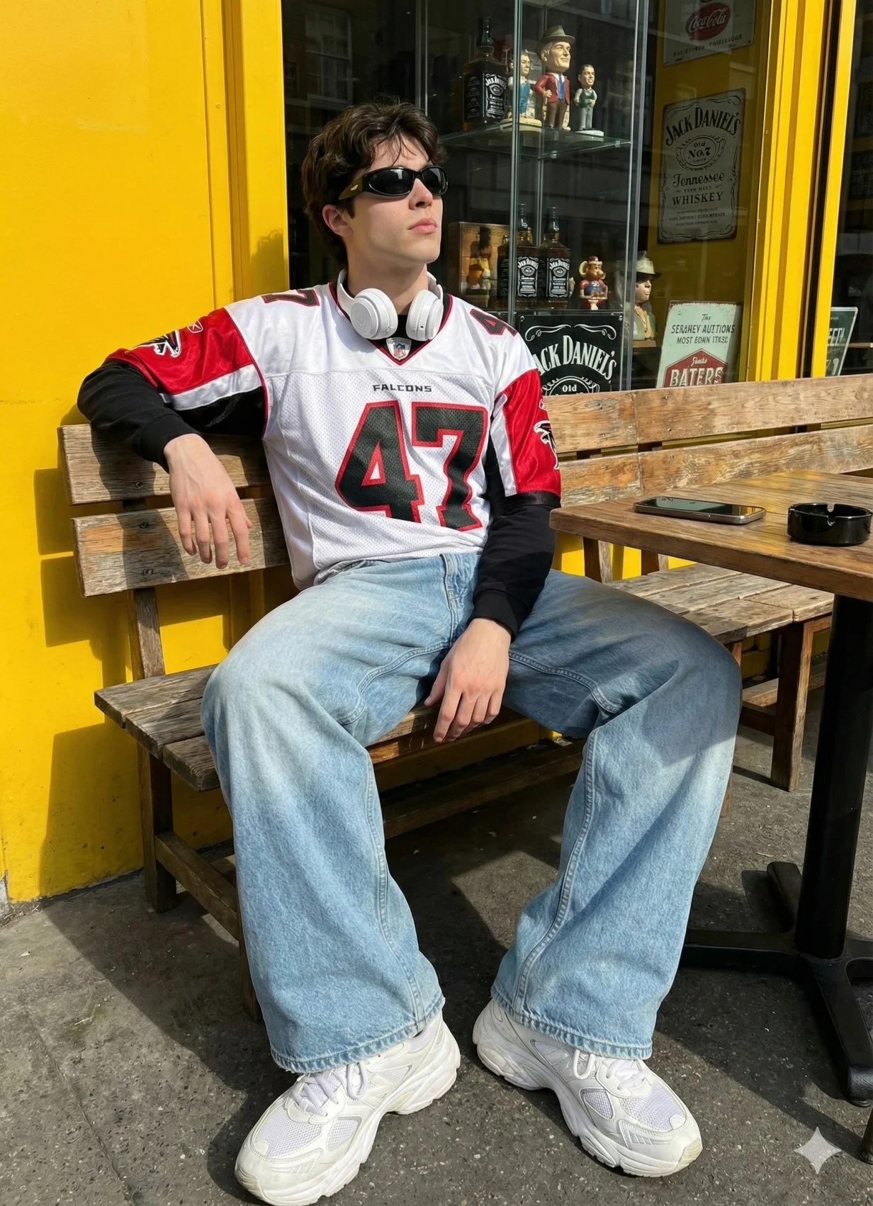 Man in a number 47 Falcons jersey and baggy jeans seated outside a yellow storefront