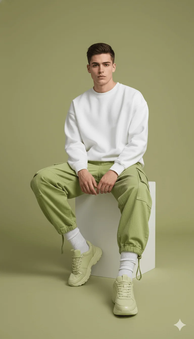 Man in a white sweatshirt and lemon-green cargo pants seated in a matching studio