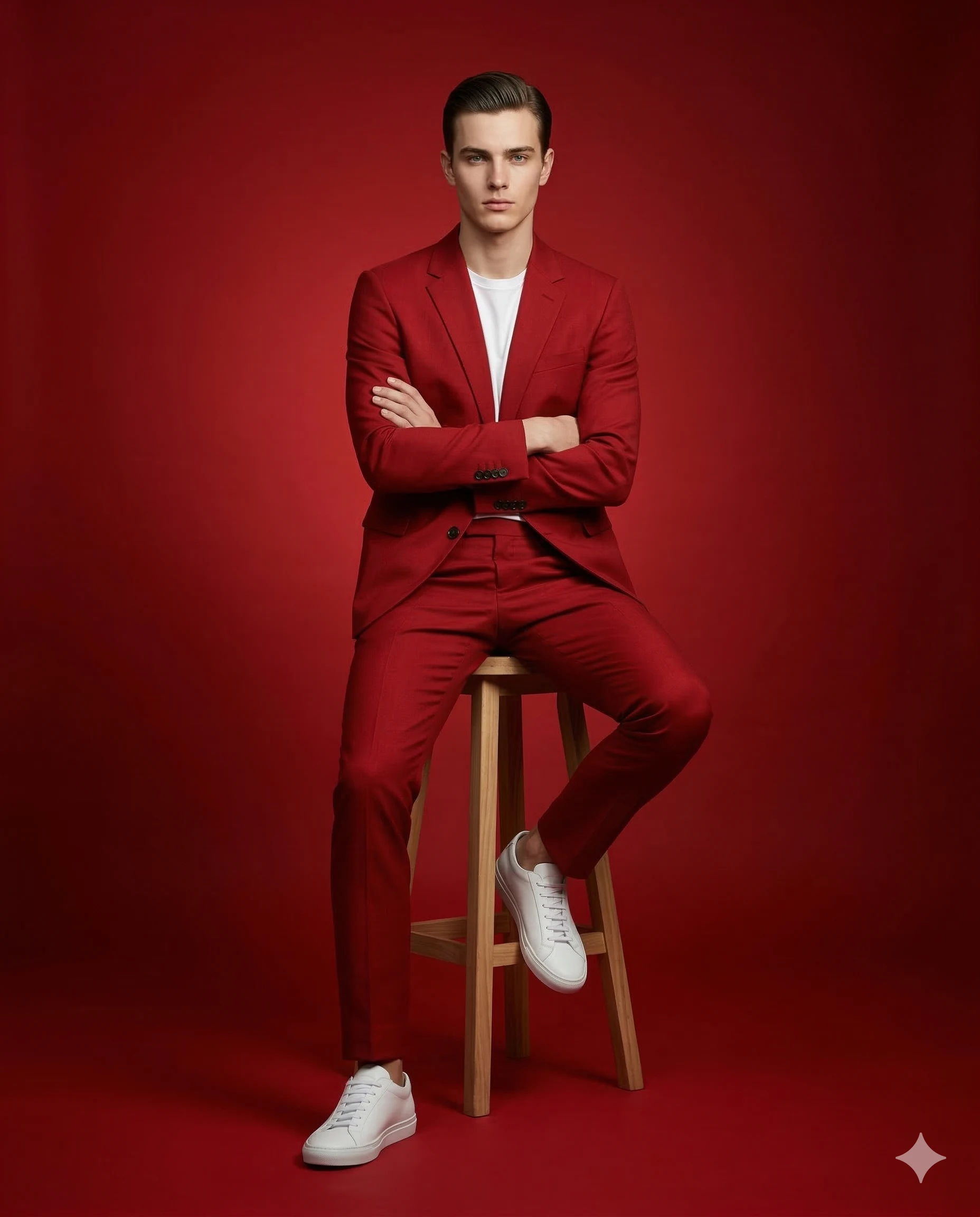 Man in a red suit seated with folded arms on a wooden stool in a crimson studio