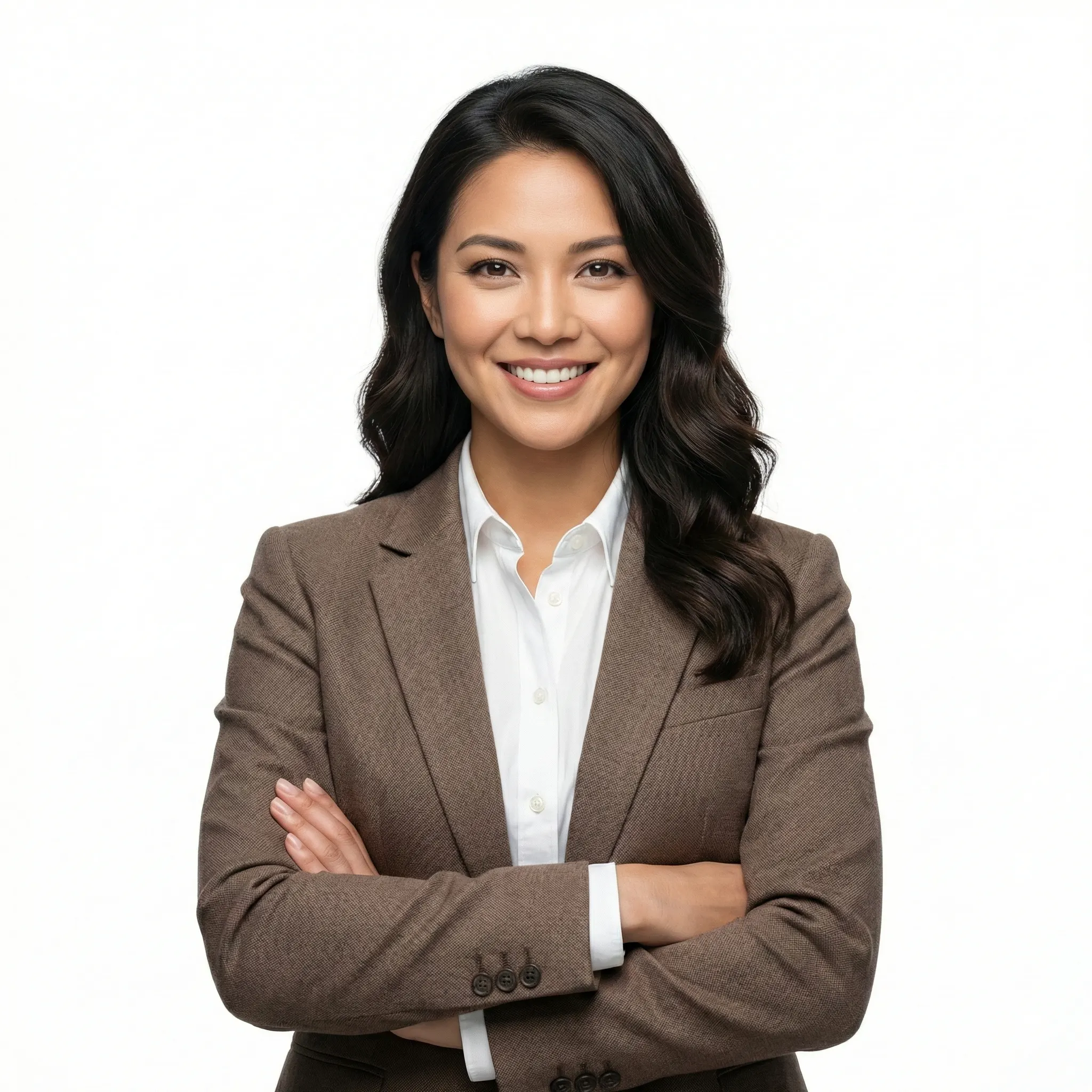 Smiling businesswoman in a brown blazer standing with crossed arms on white