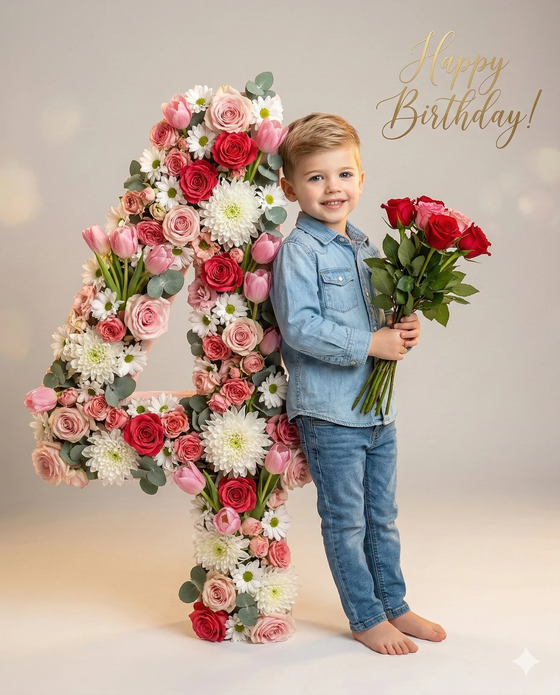 Young boy holding red roses beside a giant flower-covered number five