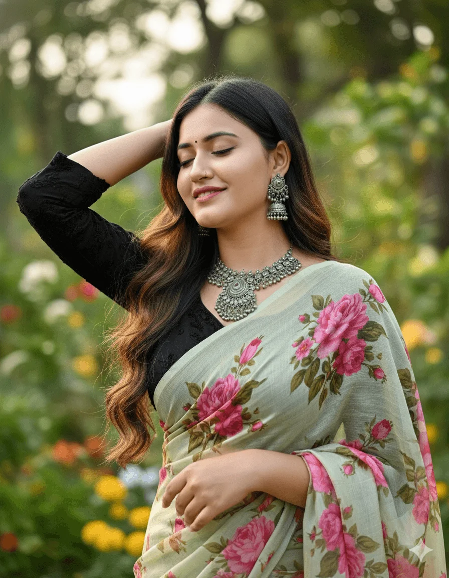 Woman in a sage-green floral saree and silver jewelry posing in a lush garden