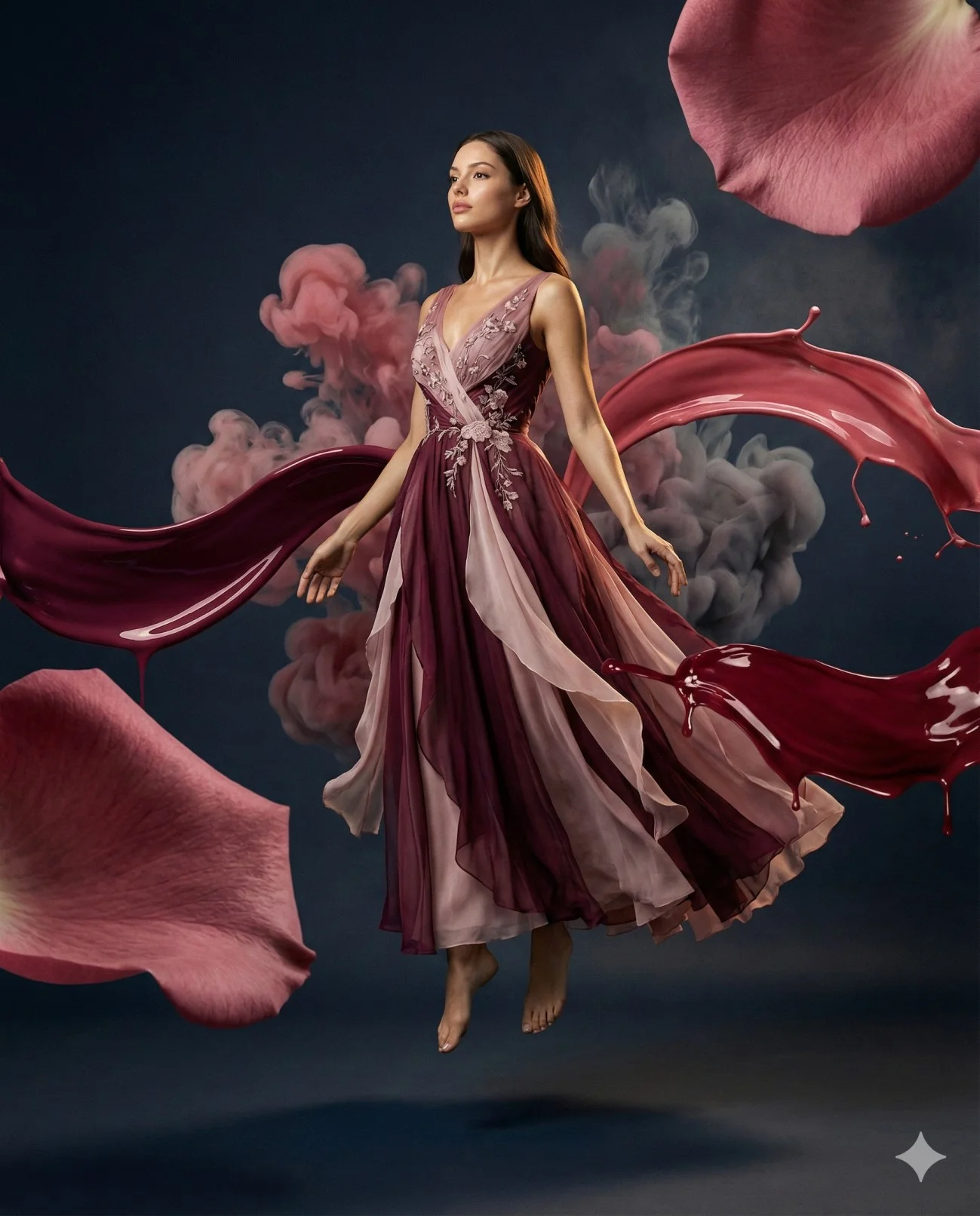 Woman floating in a burgundy petal gown among pink smoke and flowing paint ribbons