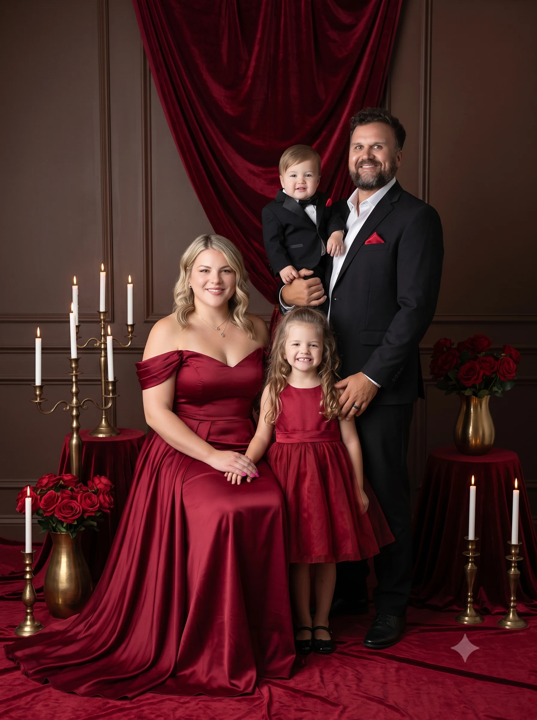 Family in coordinated red and black formalwear posing in a luxurious crimson studio