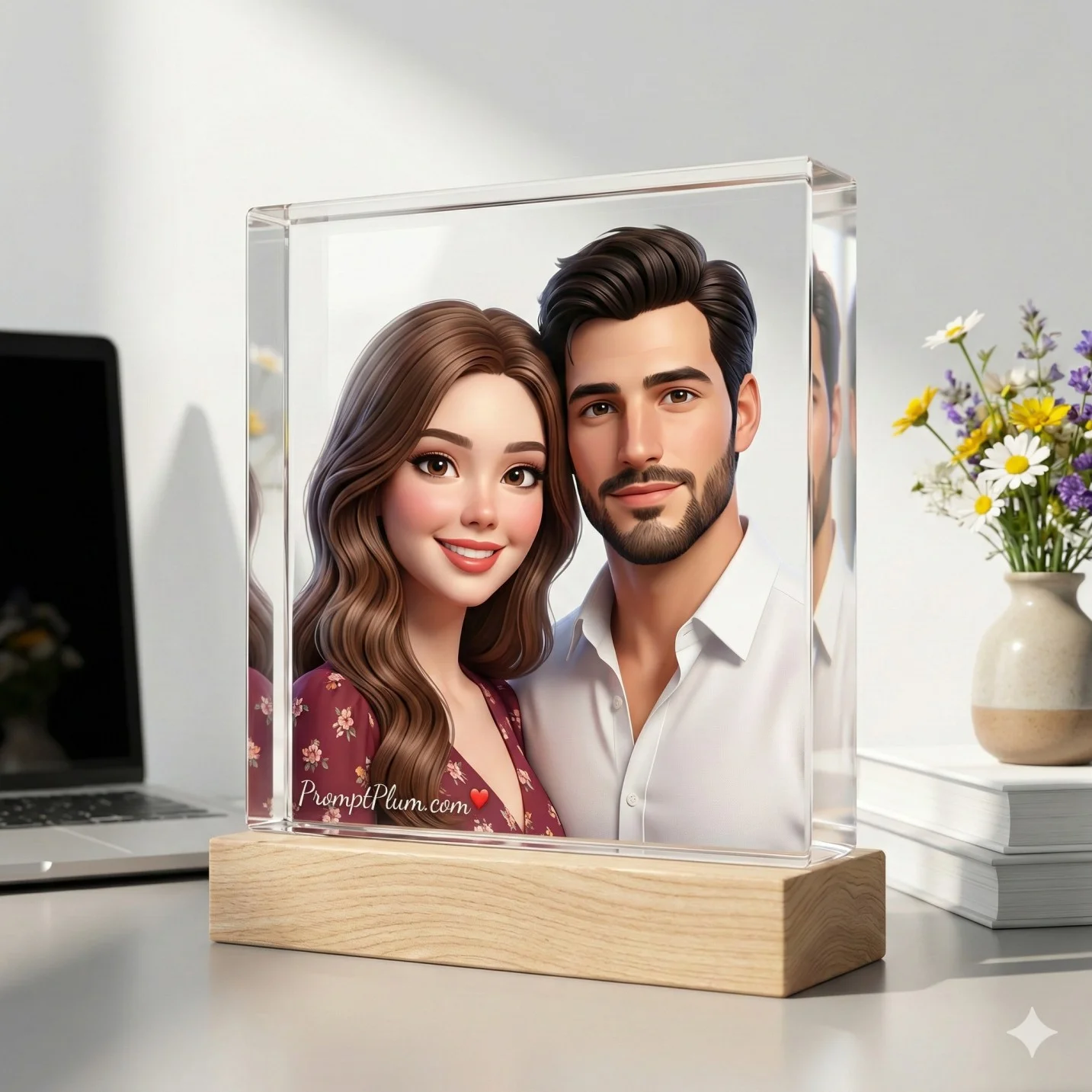 Clear acrylic photo frame displaying a smiling couple on a wooden base beside flowers and a laptop