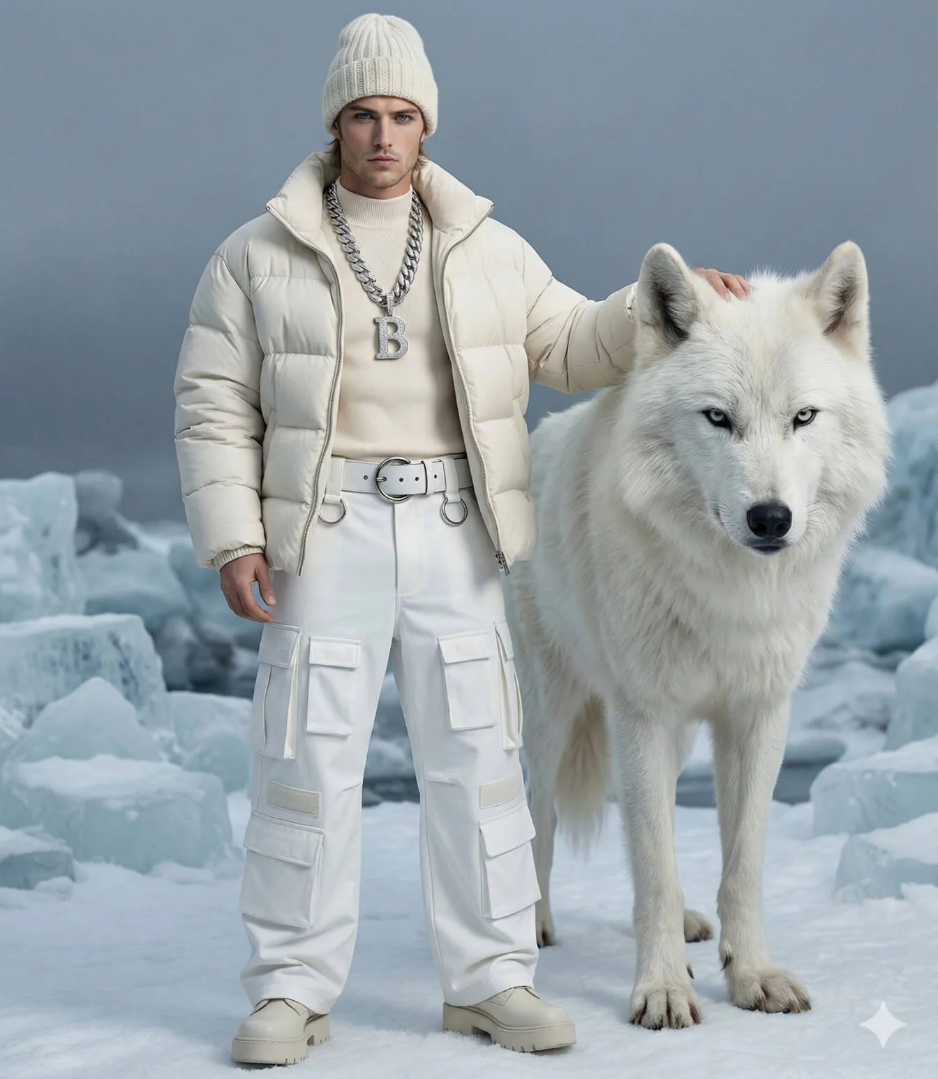 Man in layered white winter streetwear touching a large white wolf in an icy landscape