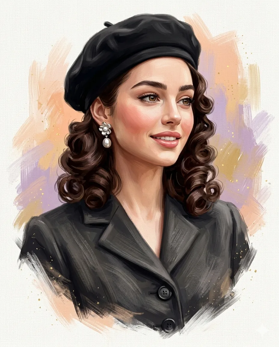 Smiling woman with sculpted curls wearing a black beret in a painterly illustration