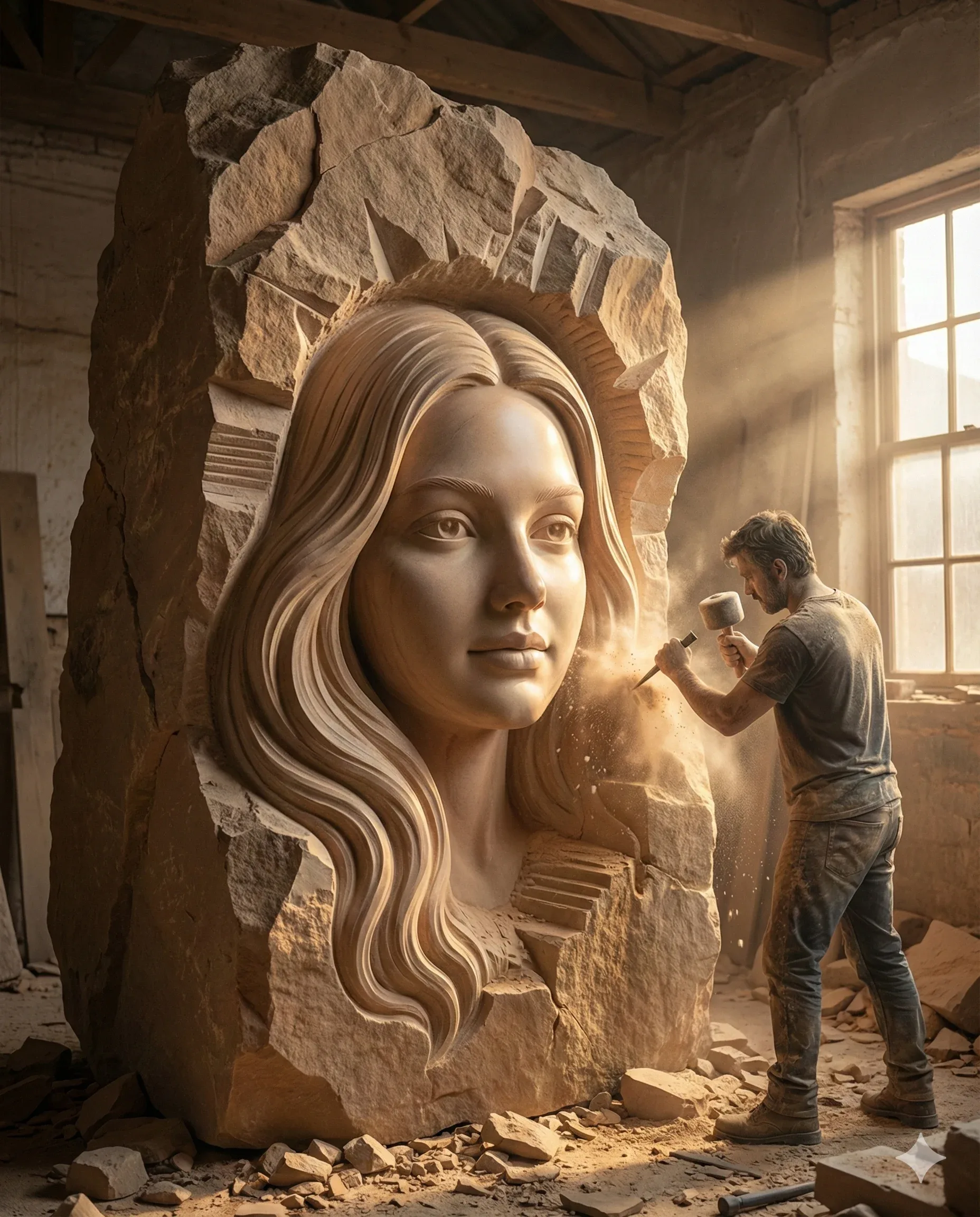 Sculptor chiseling an enormous female face from a sandstone monolith in a dusty workshop