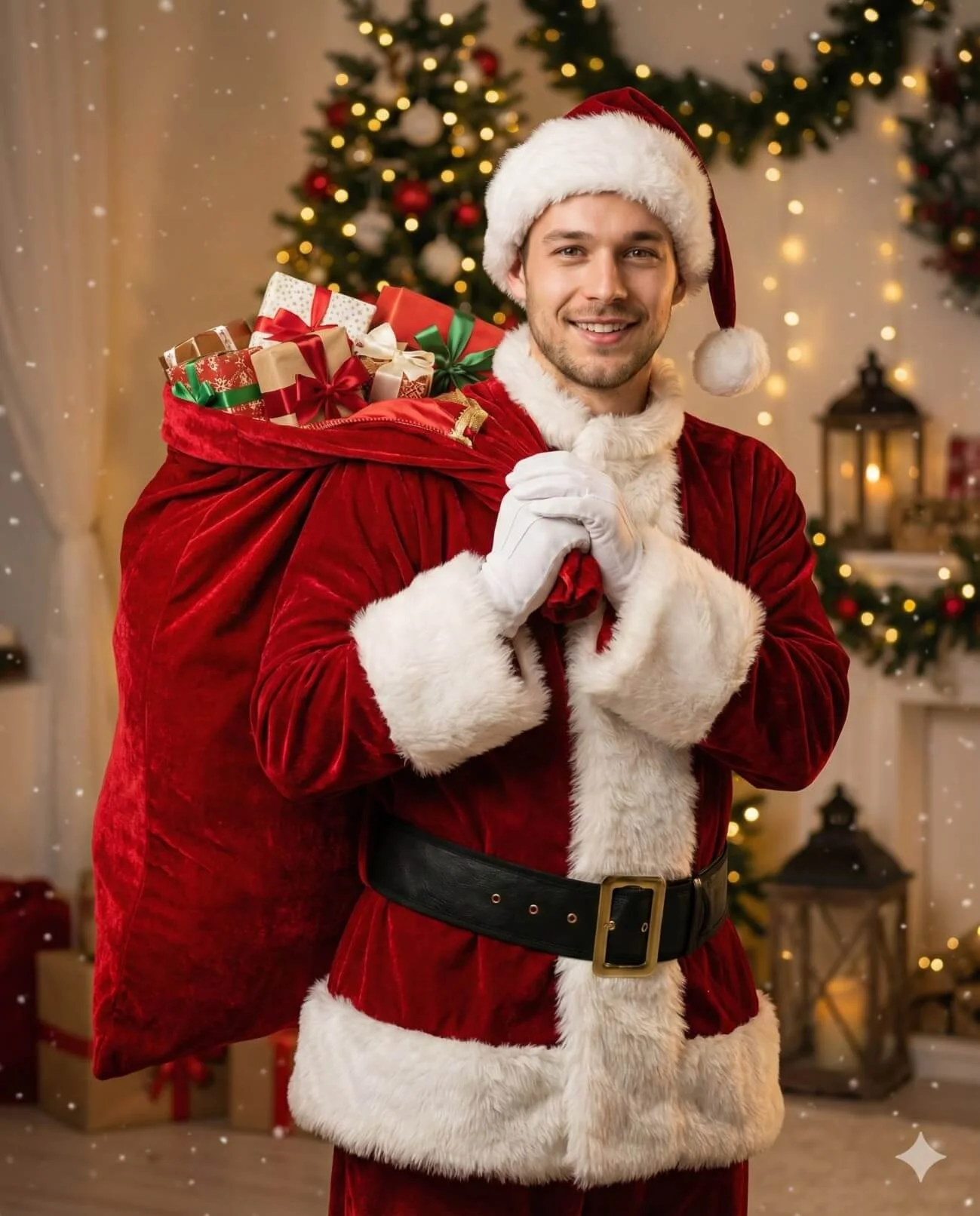 Smiling man dressed as Santa holding a red sack filled with wrapped Christmas gifts