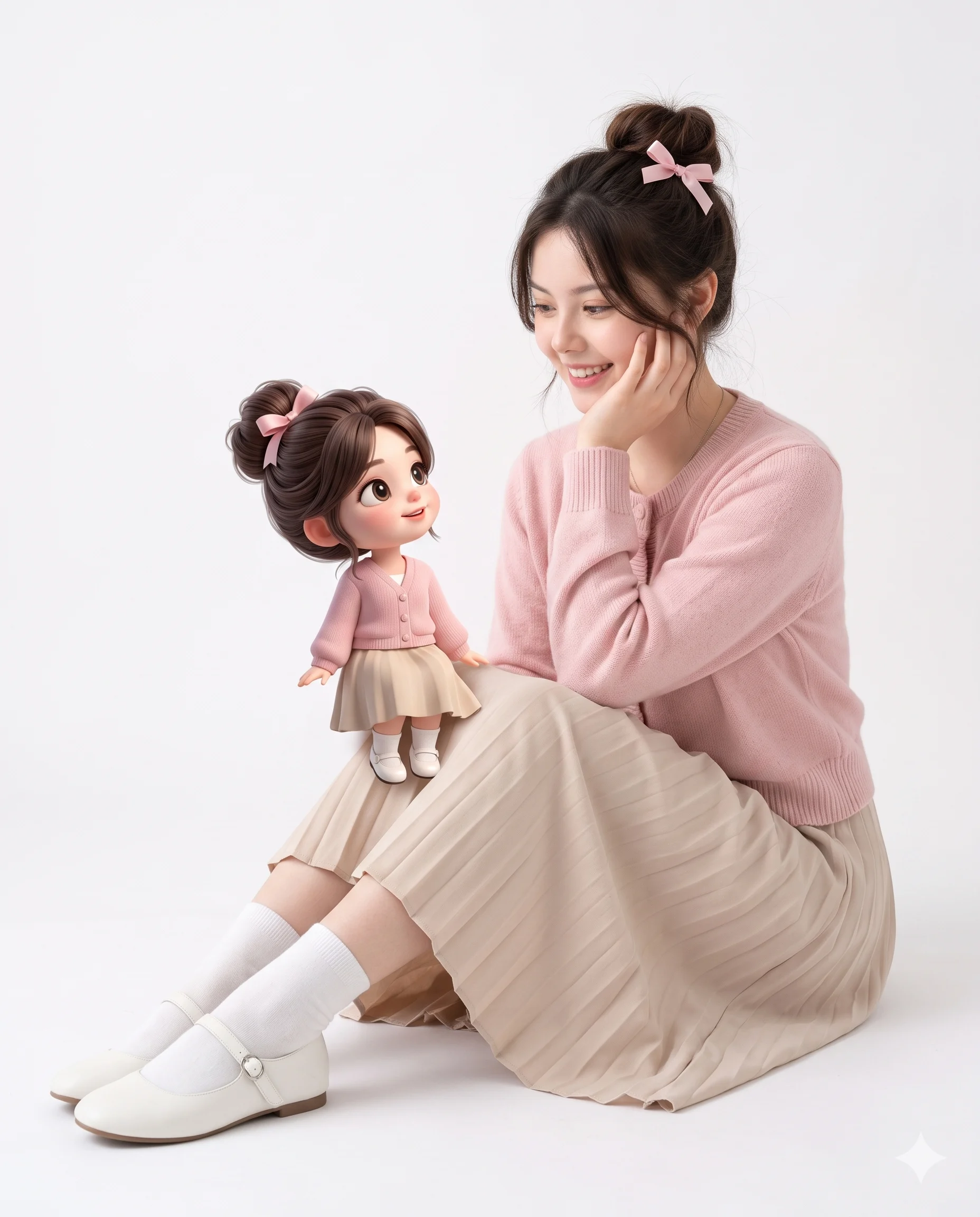 Girl in pastel pink smiling at her matching 3D chibi doll on a white background