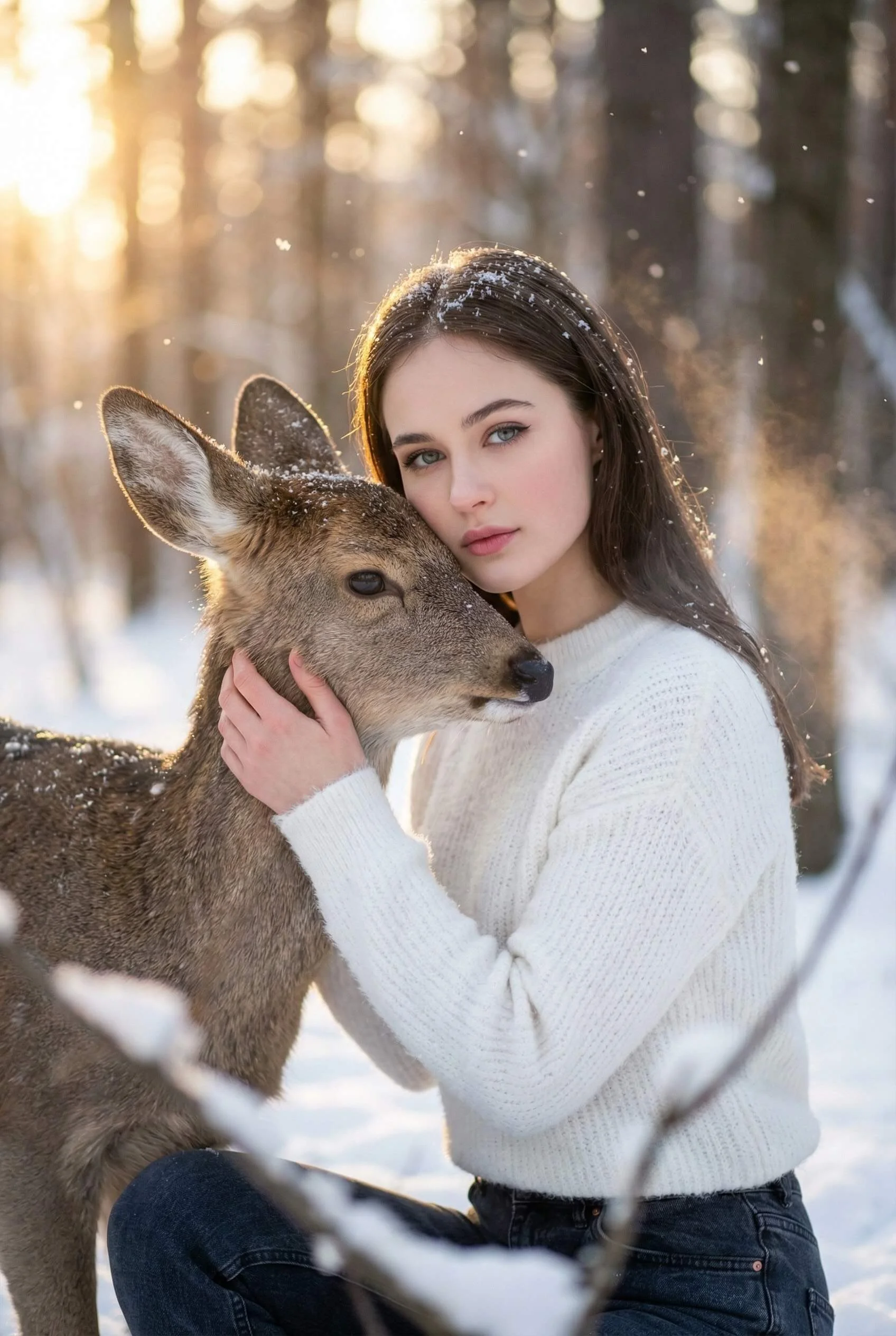 Woman gently touching a fawn in a softly falling snowy forest