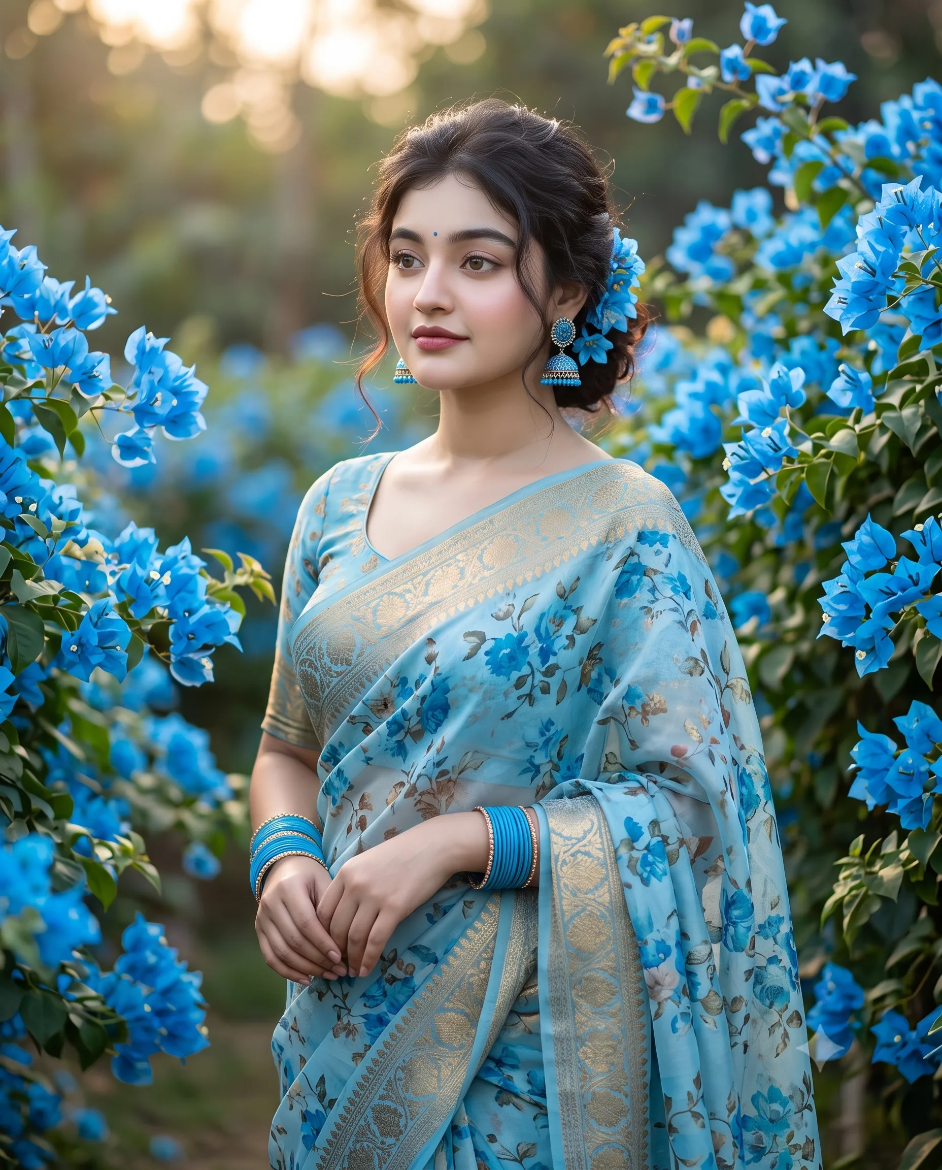 Woman in a blue floral saree standing among vibrant blue bougainvillea