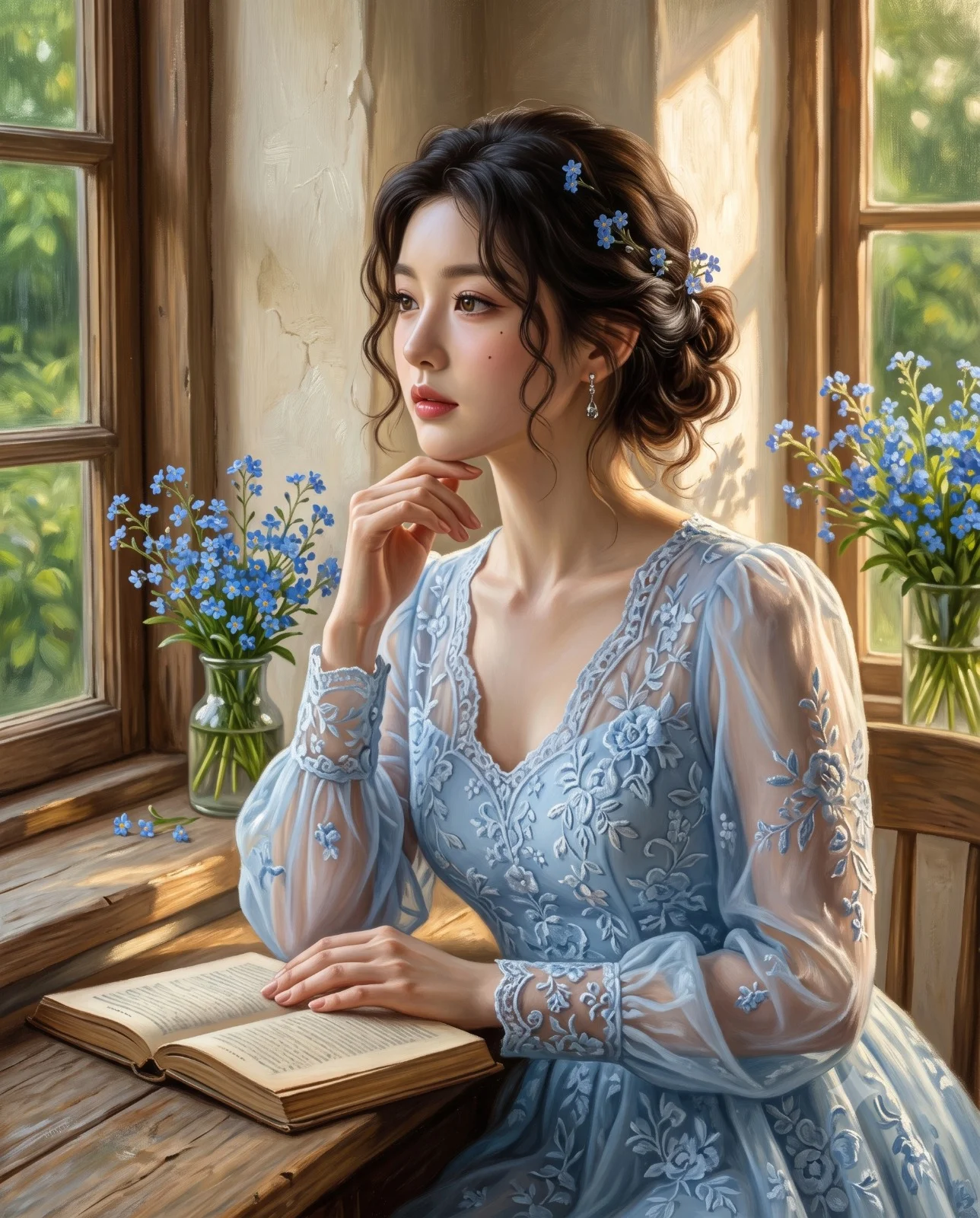 Woman in an embroidered blue lace dress seated beside a sunny cottage window and open book