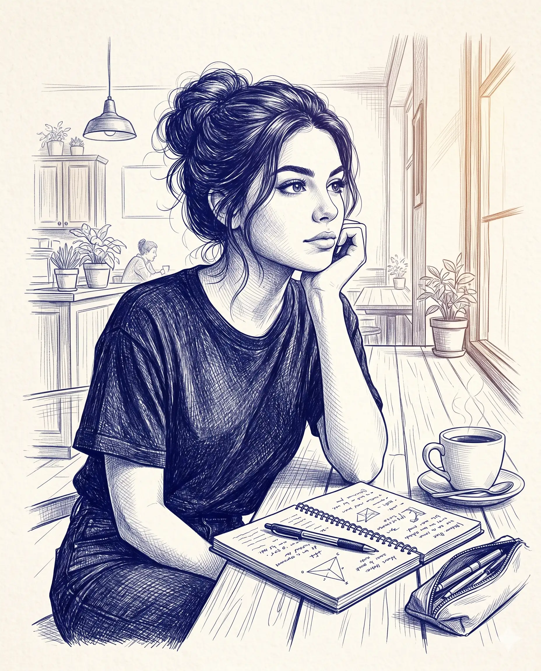 Blue ballpoint sketch of a thoughtful woman seated at a café table with a notebook and coffee