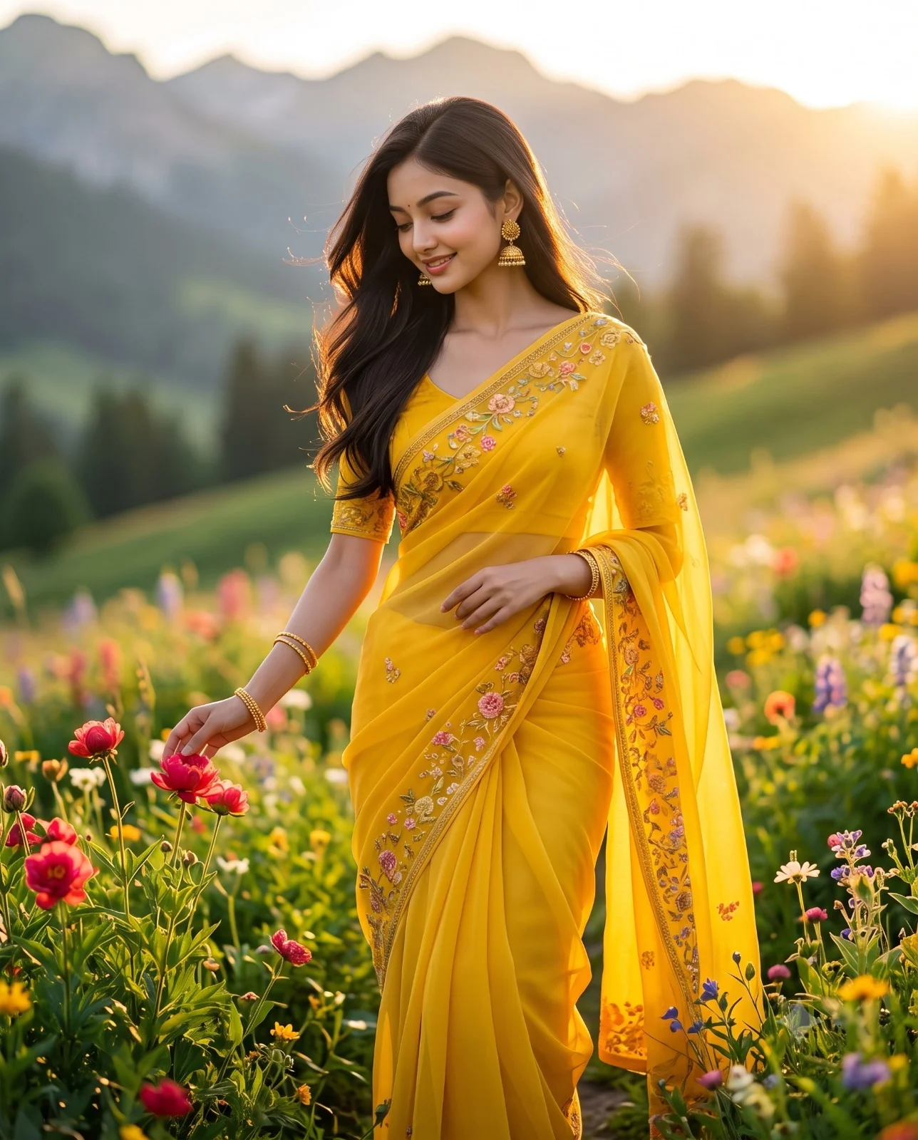Woman in a bright yellow saree touching red flowers in a sunlit mountain meadow