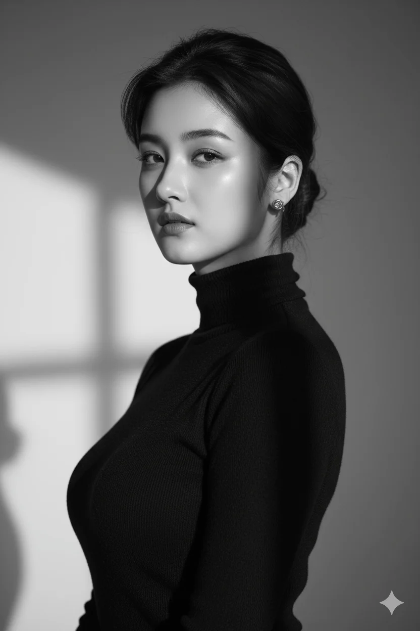Poised woman in three-quarter profile in a black-and-white studio portrait