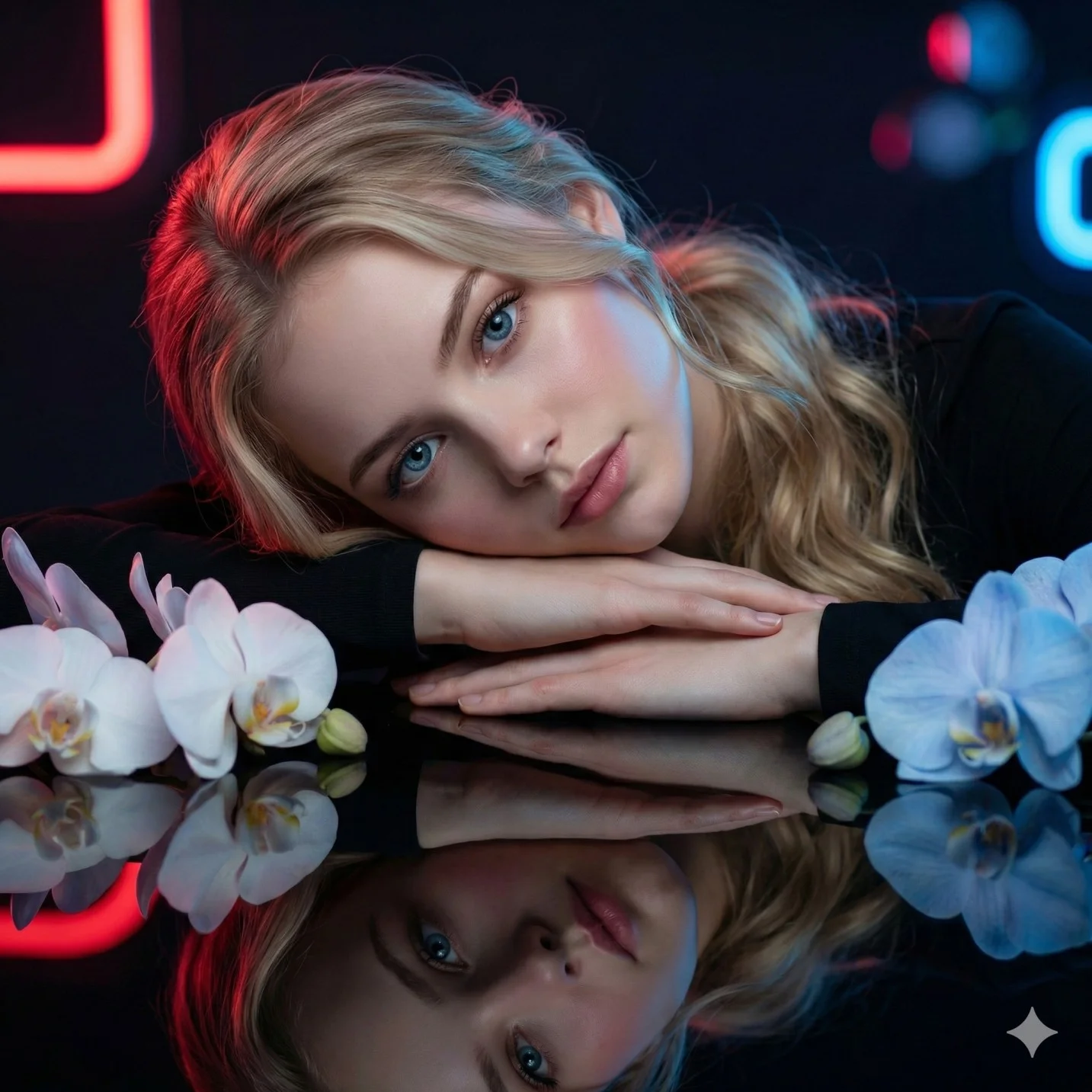 Woman resting on folded arms beside orchids with red and blue neon light reflected in black glass