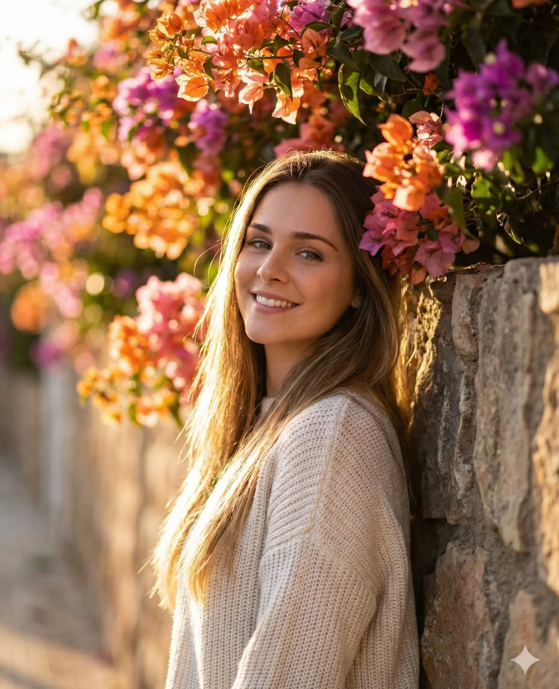 Smiling woman in a beige sweater beside a stone wall covered with colorful bougainvillea
