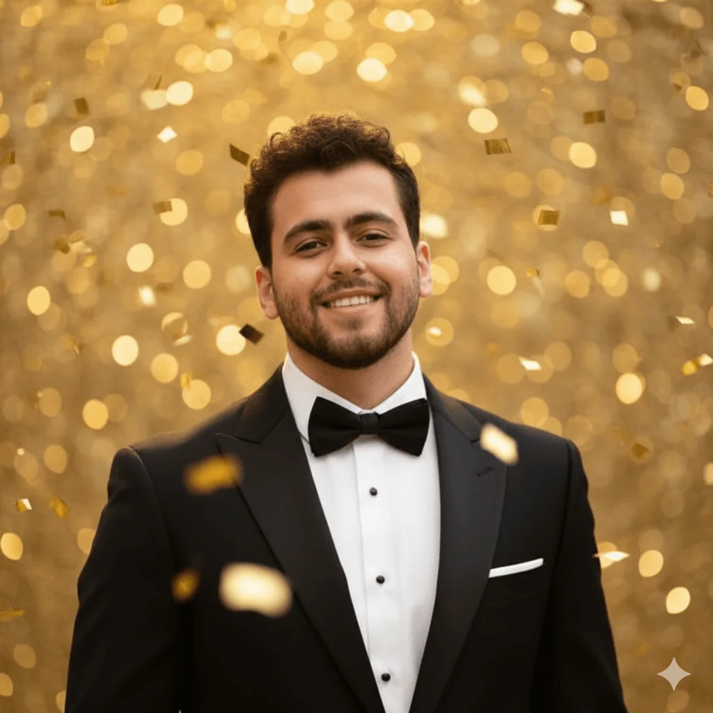 Smiling man in a black tuxedo surrounded by golden confetti and glowing bokeh