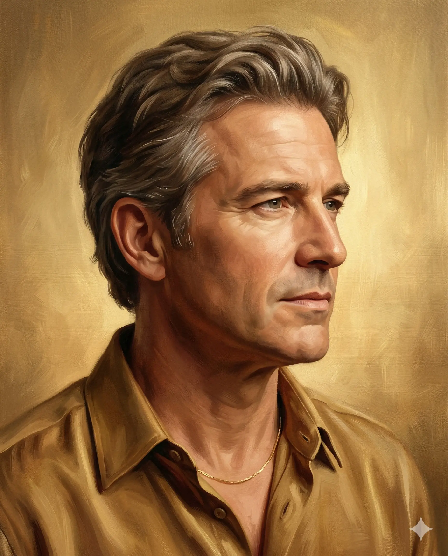 Golden-toned oil portrait of a man in profile wearing a brown shirt and thin gold chain
