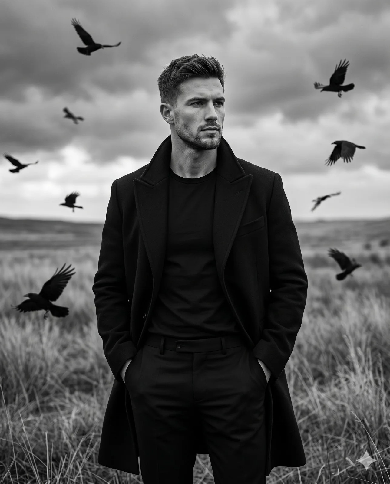 Man in a black overcoat standing among winter grass and flying crows beneath a stormy sky