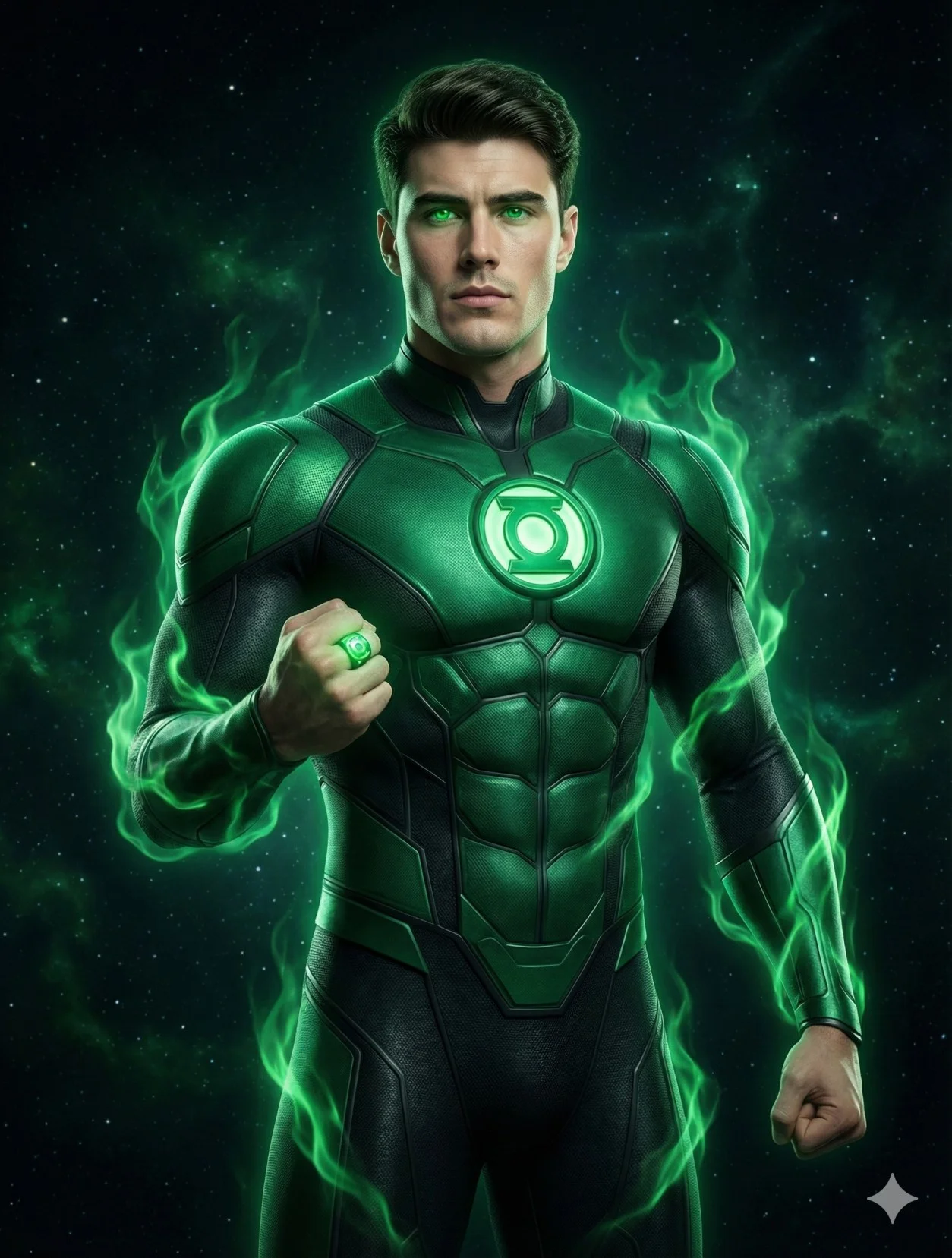 Man in a green-and-black superhero suit surrounded by glowing emerald energy in space