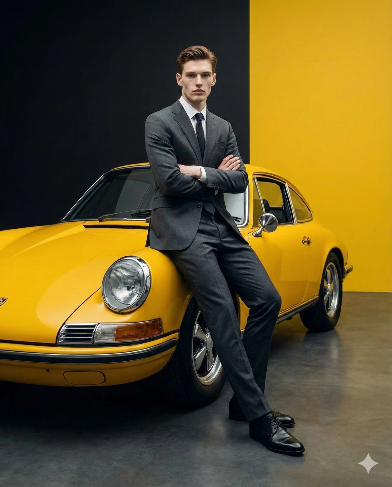 Man in a gray suit leaning against a vintage yellow sports coupe in a black-and-yellow studio