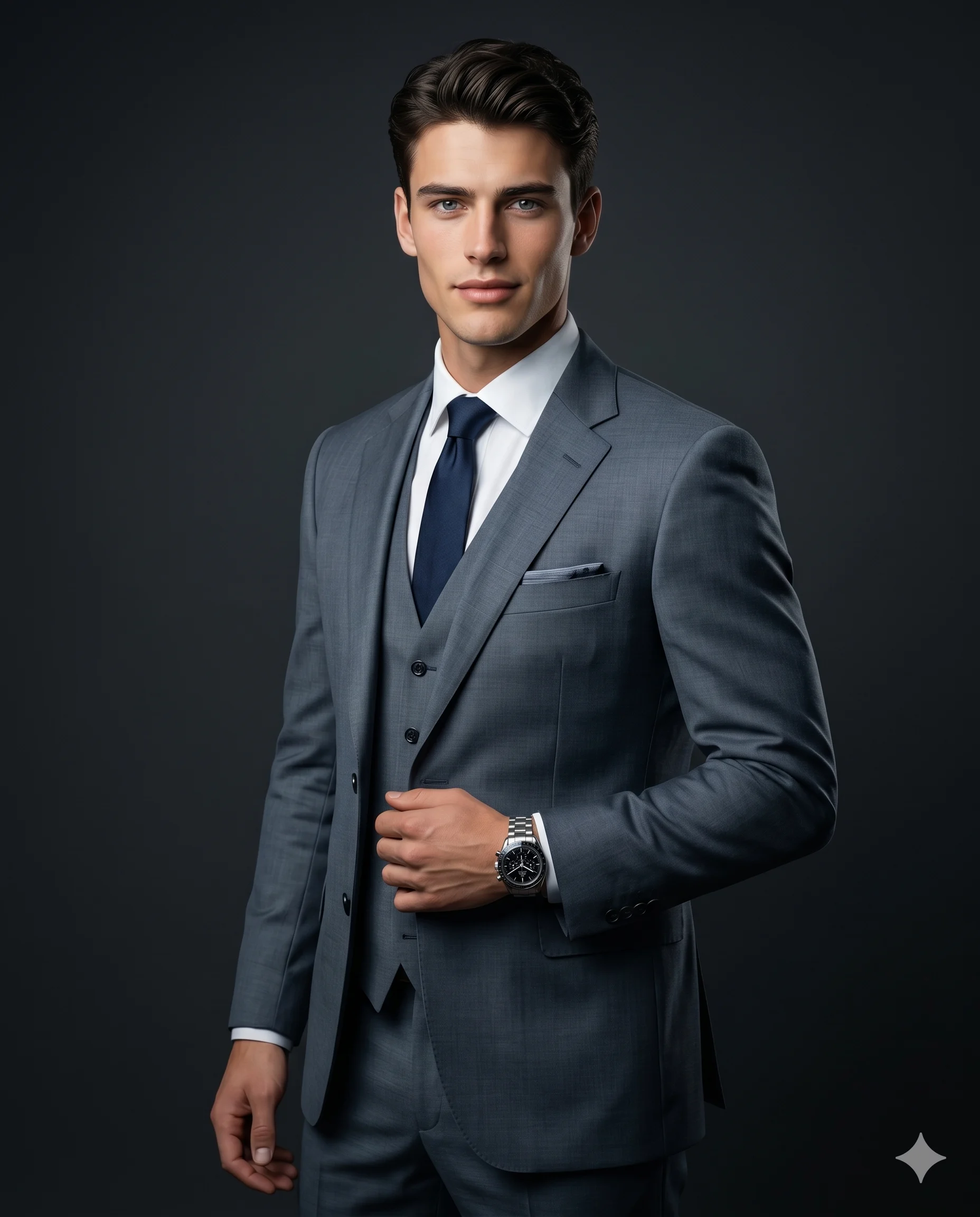Confident man in a slate-gray three-piece suit posing against a dark charcoal studio background