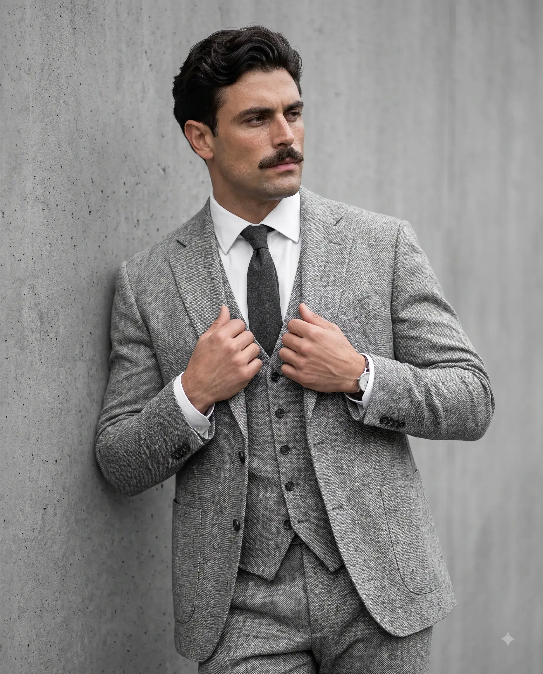 Man adjusting a light-gray tweed three-piece suit against a textured concrete wall