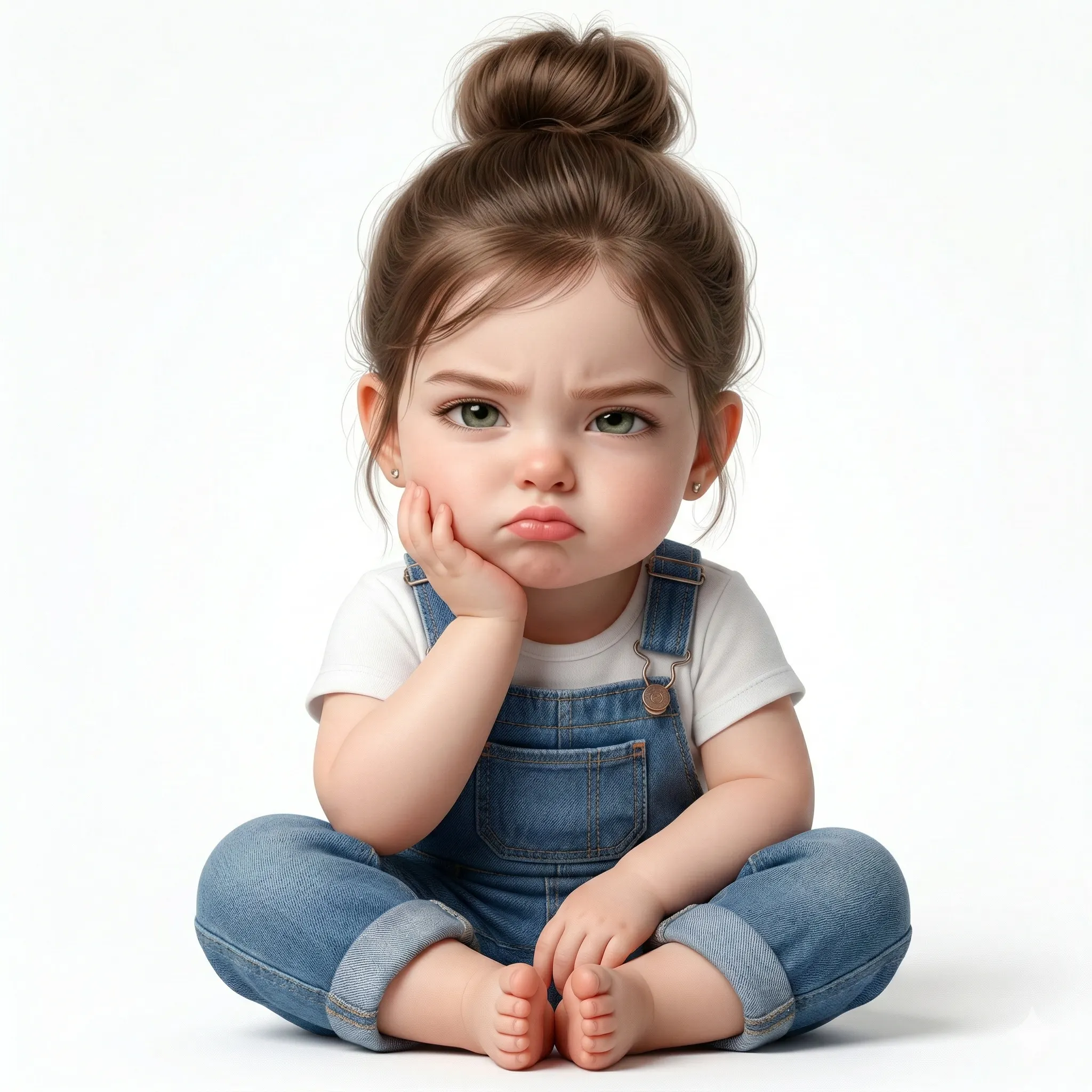 Grumpy toddler girl with a high bun sitting cross-legged in denim overalls on white
