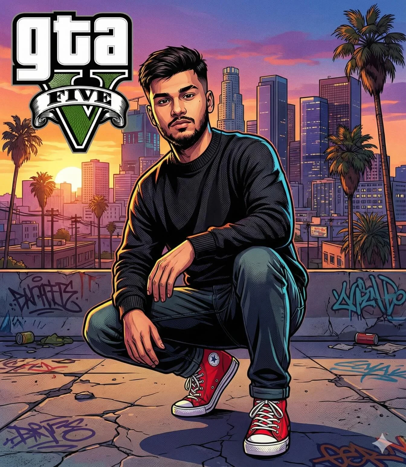 Illustrated man crouching on an urban rooftop against a colorful sunset skyline