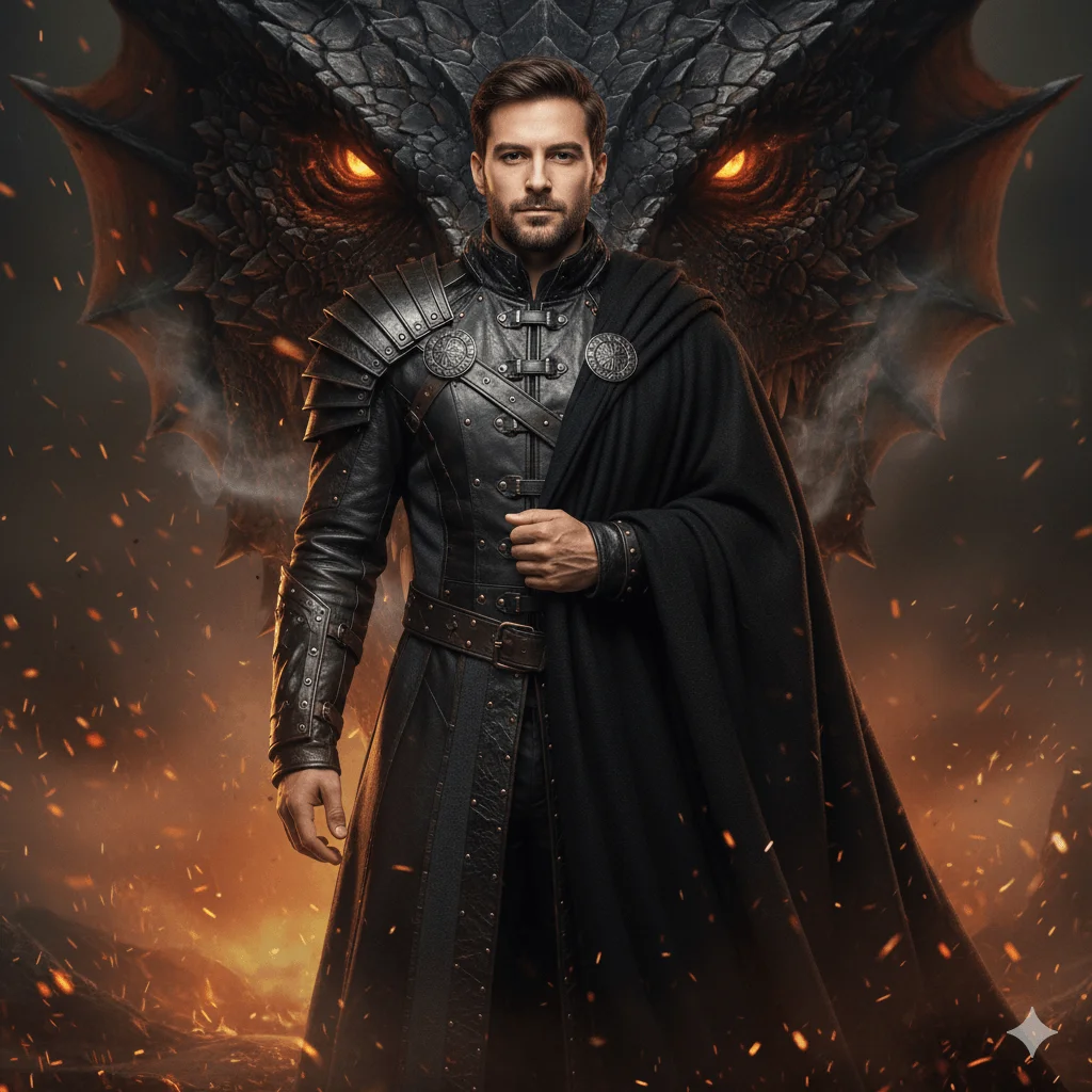 Armored figure in a dark cloak standing before a colossal dragon amid fiery embers