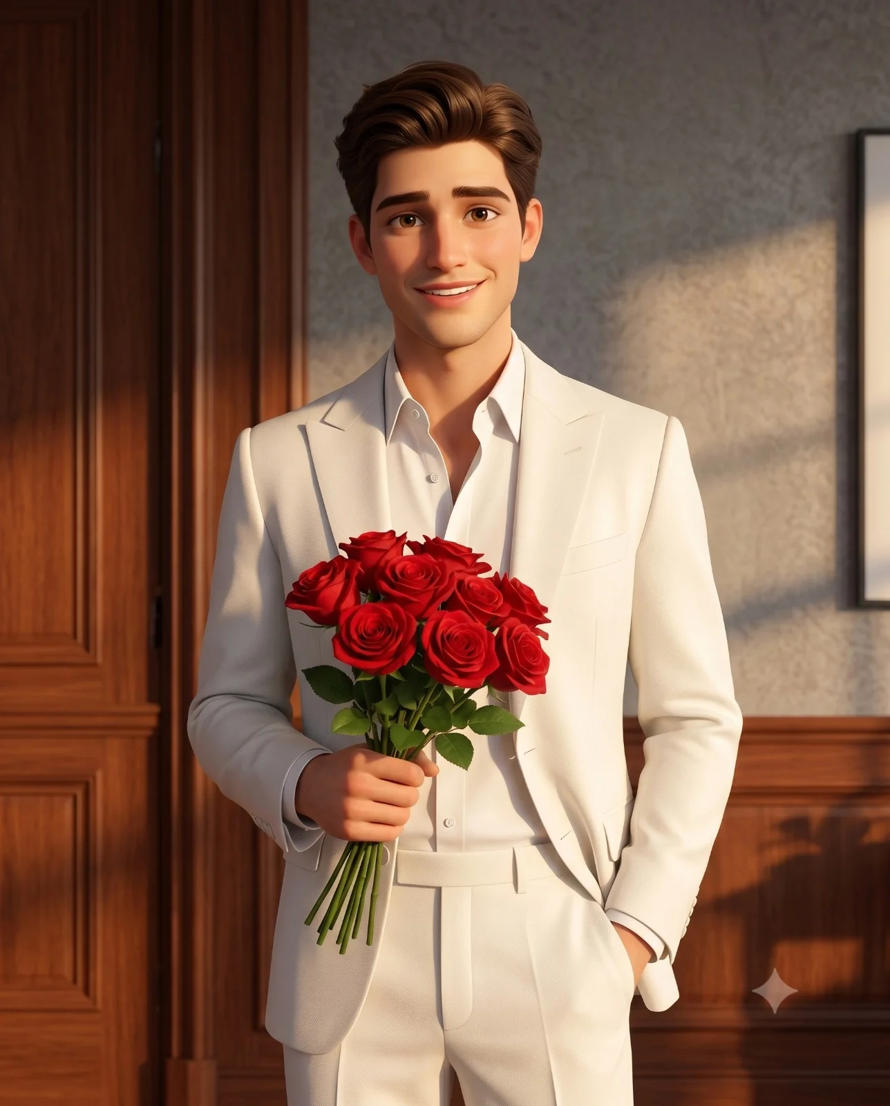Smiling 3D animated man in a white suit holding a bouquet of red roses indoors