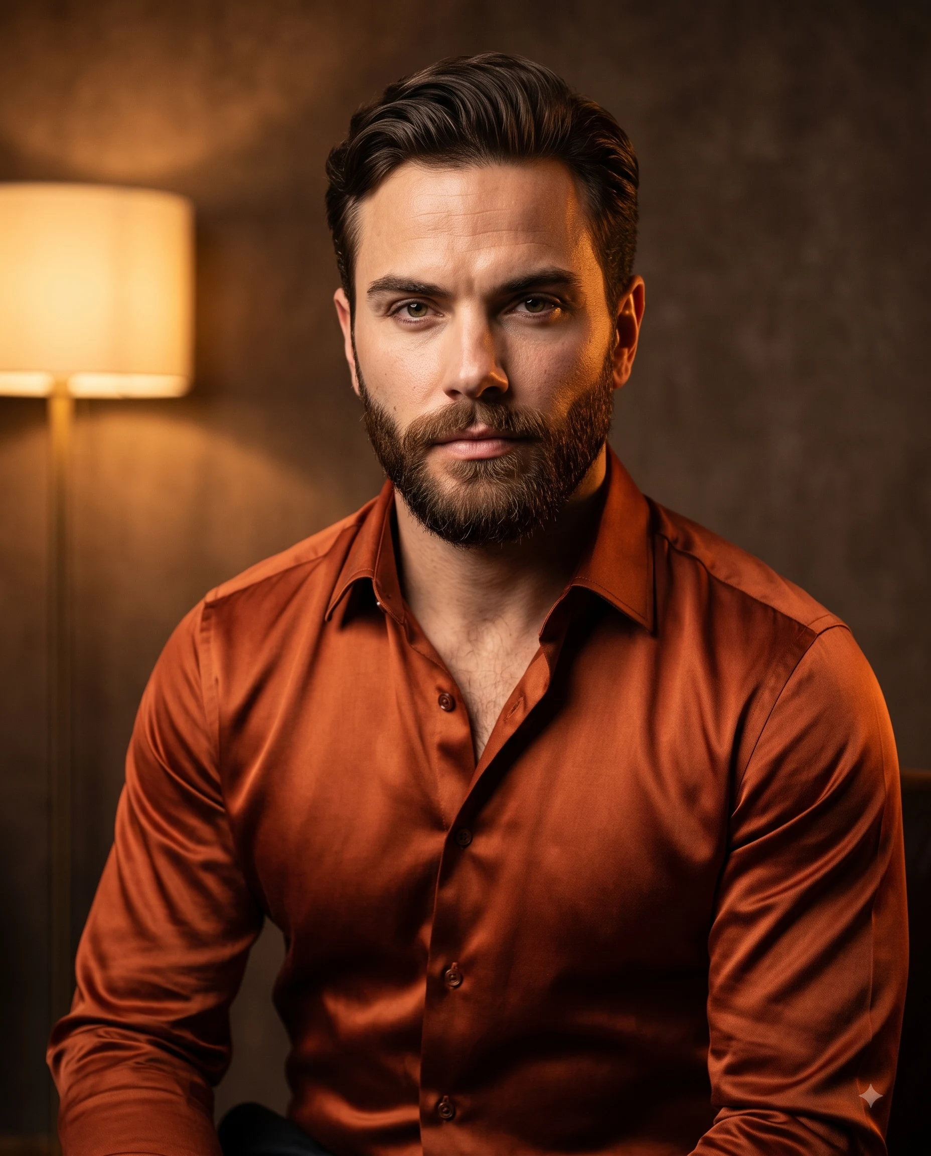 Confident bearded man wearing a glossy copper satin shirt in warm amber light