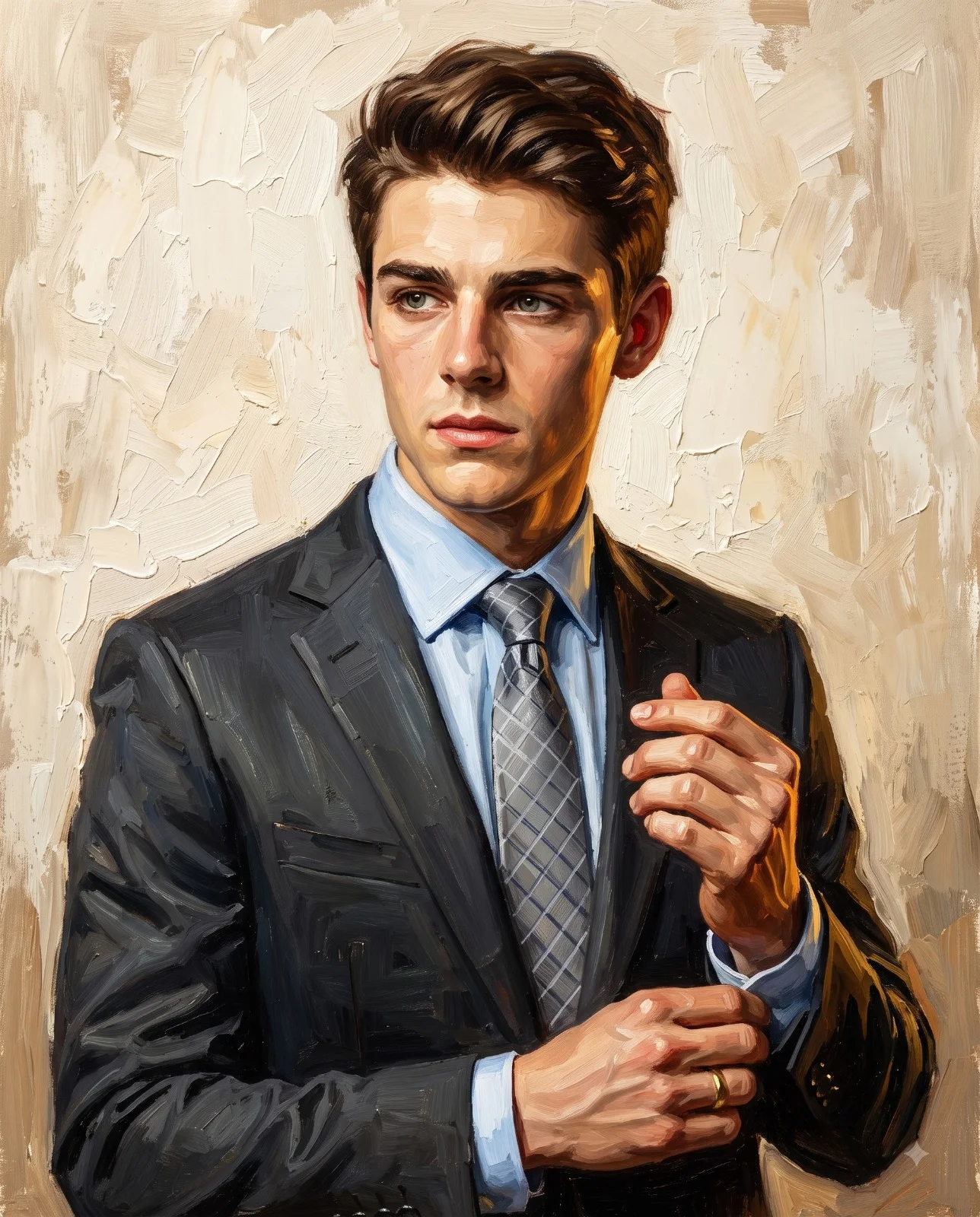 Thoughtful businessman in a charcoal suit adjusting his cuff in an impasto oil portrait
