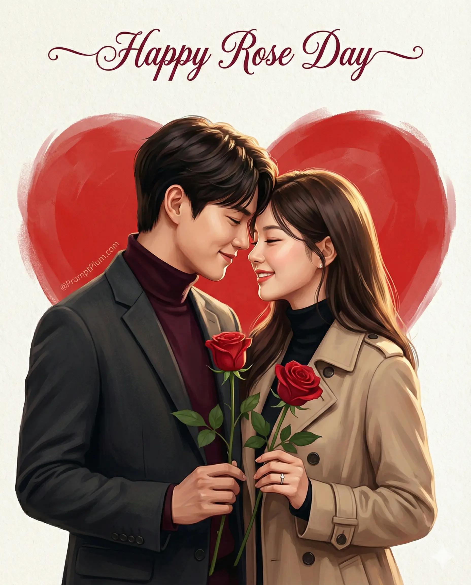 Romantic illustrated couple holding red roses before a heart and Happy Rose Day text