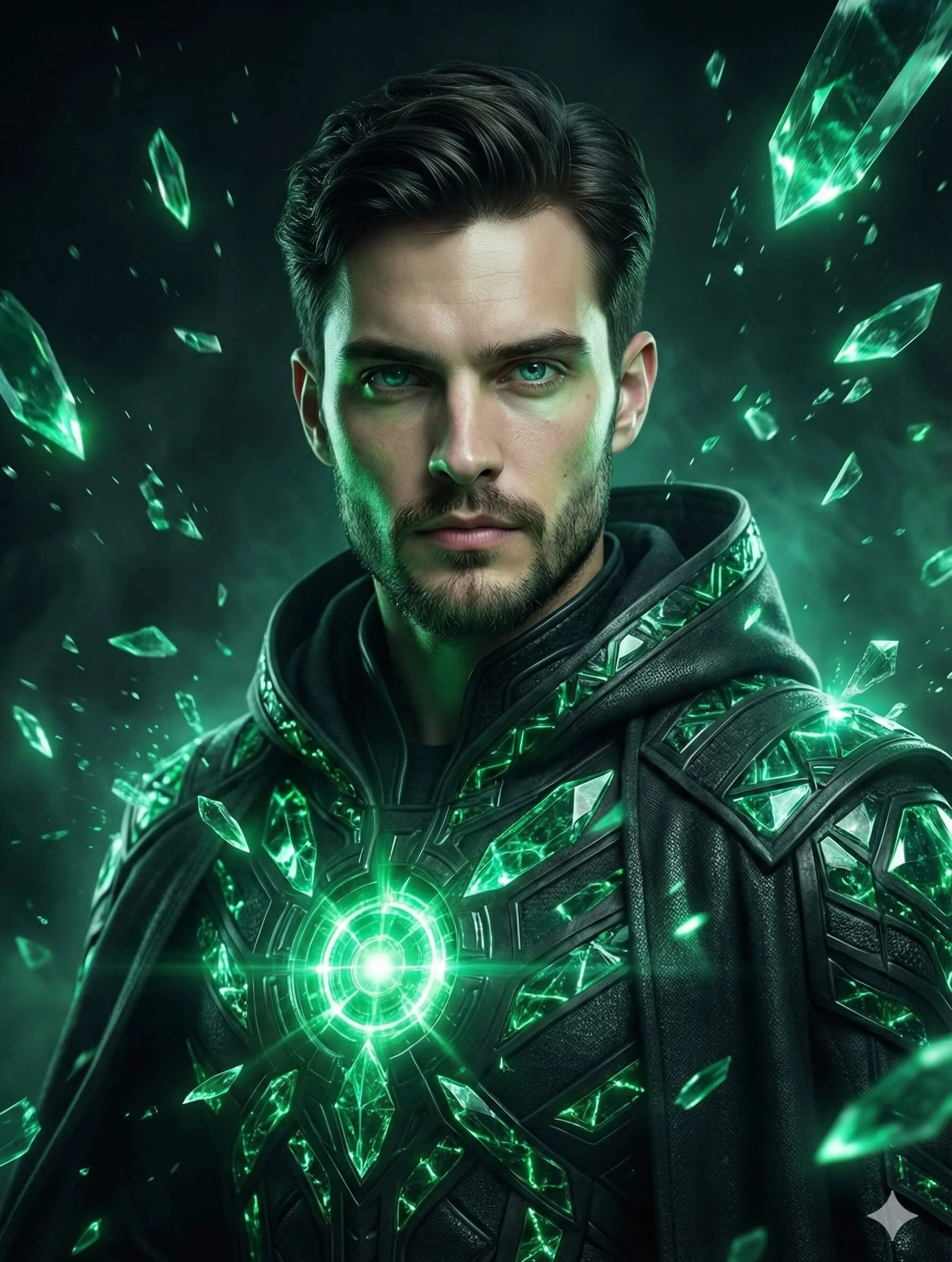 Bearded man in a dark hooded cloak with a glowing emerald chest core and crystal shards