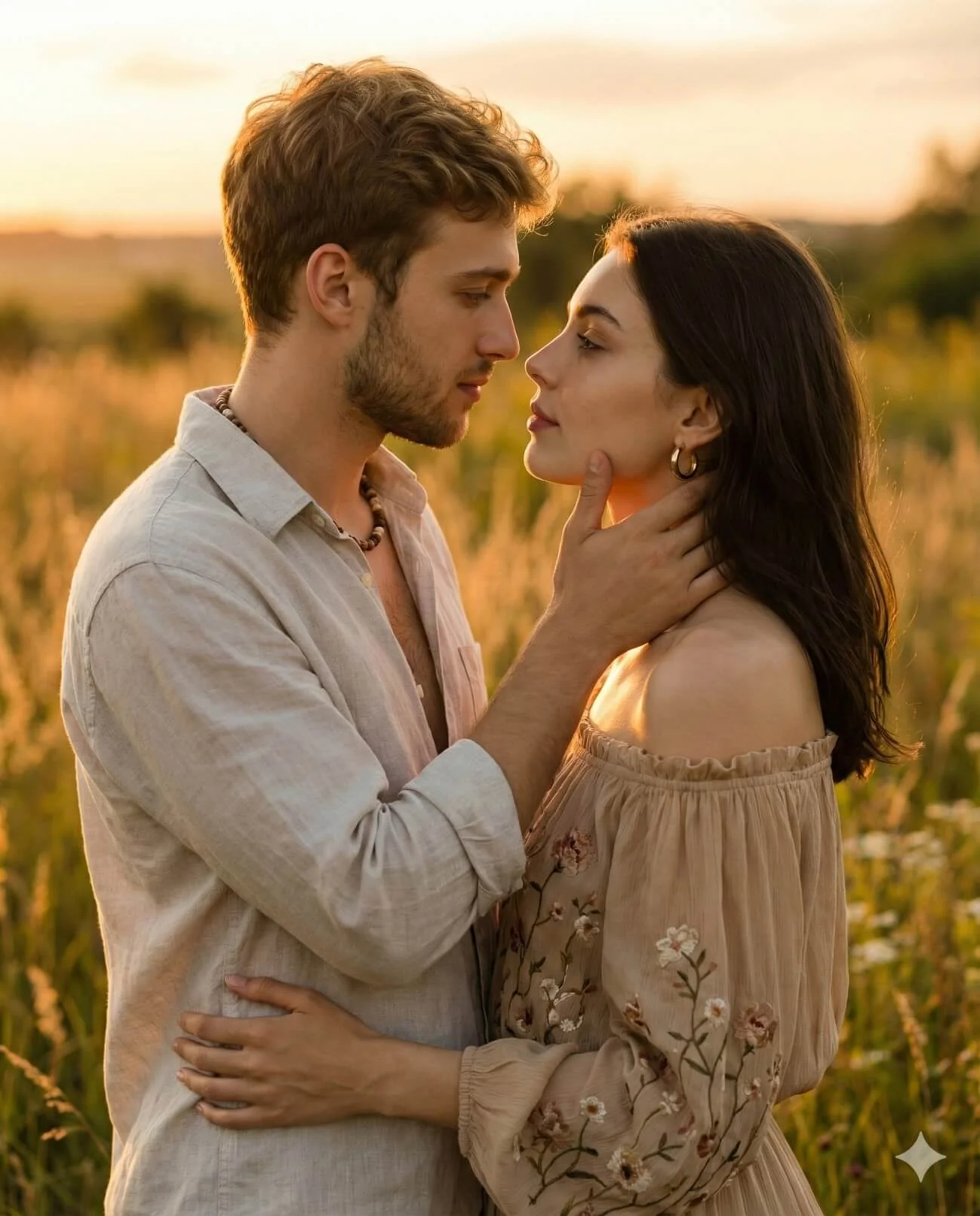 Bohemian couple sharing a close gaze in tall grass and wildflowers at golden hour