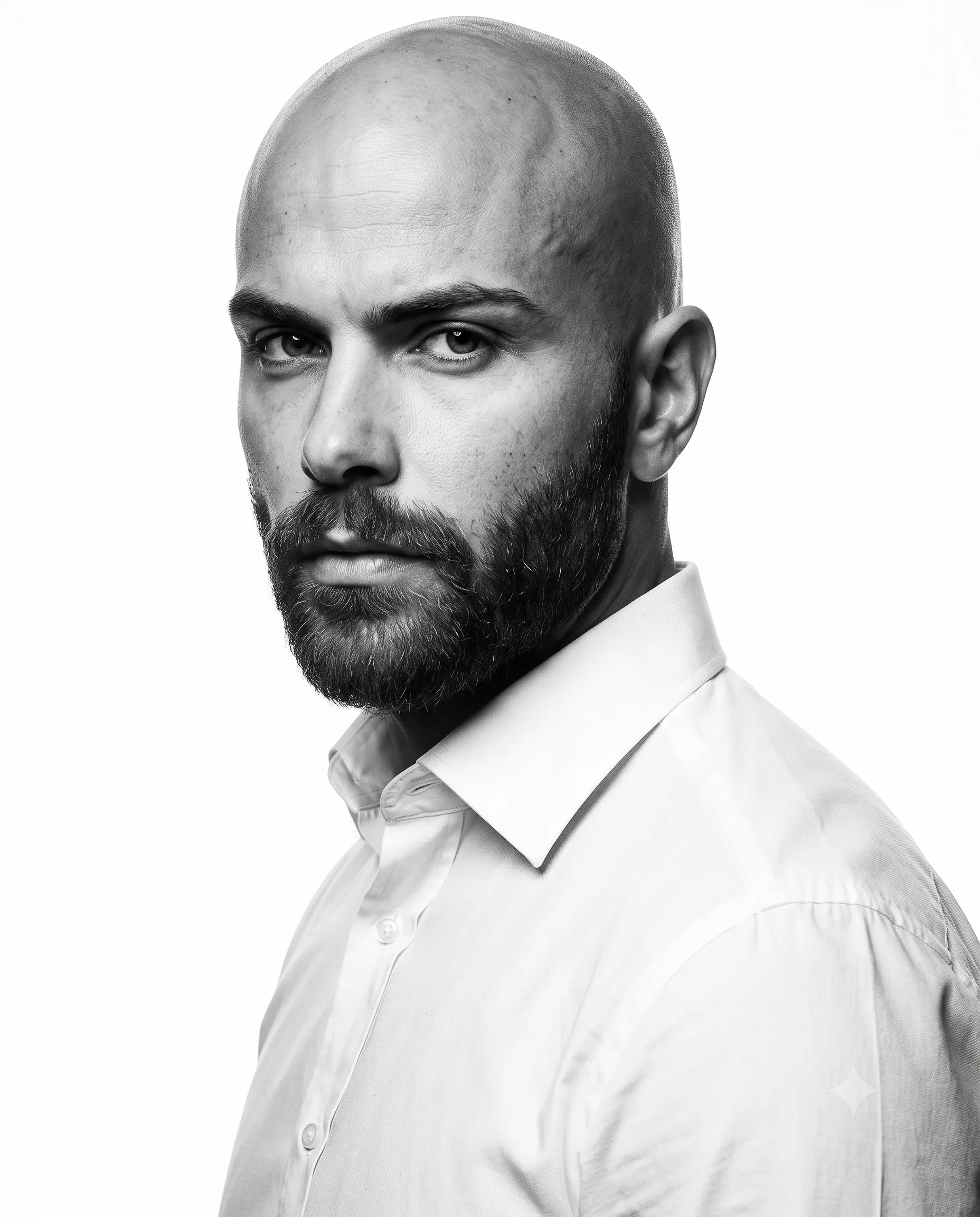 Bald bearded man turning toward the camera in a crisp white shirt on white