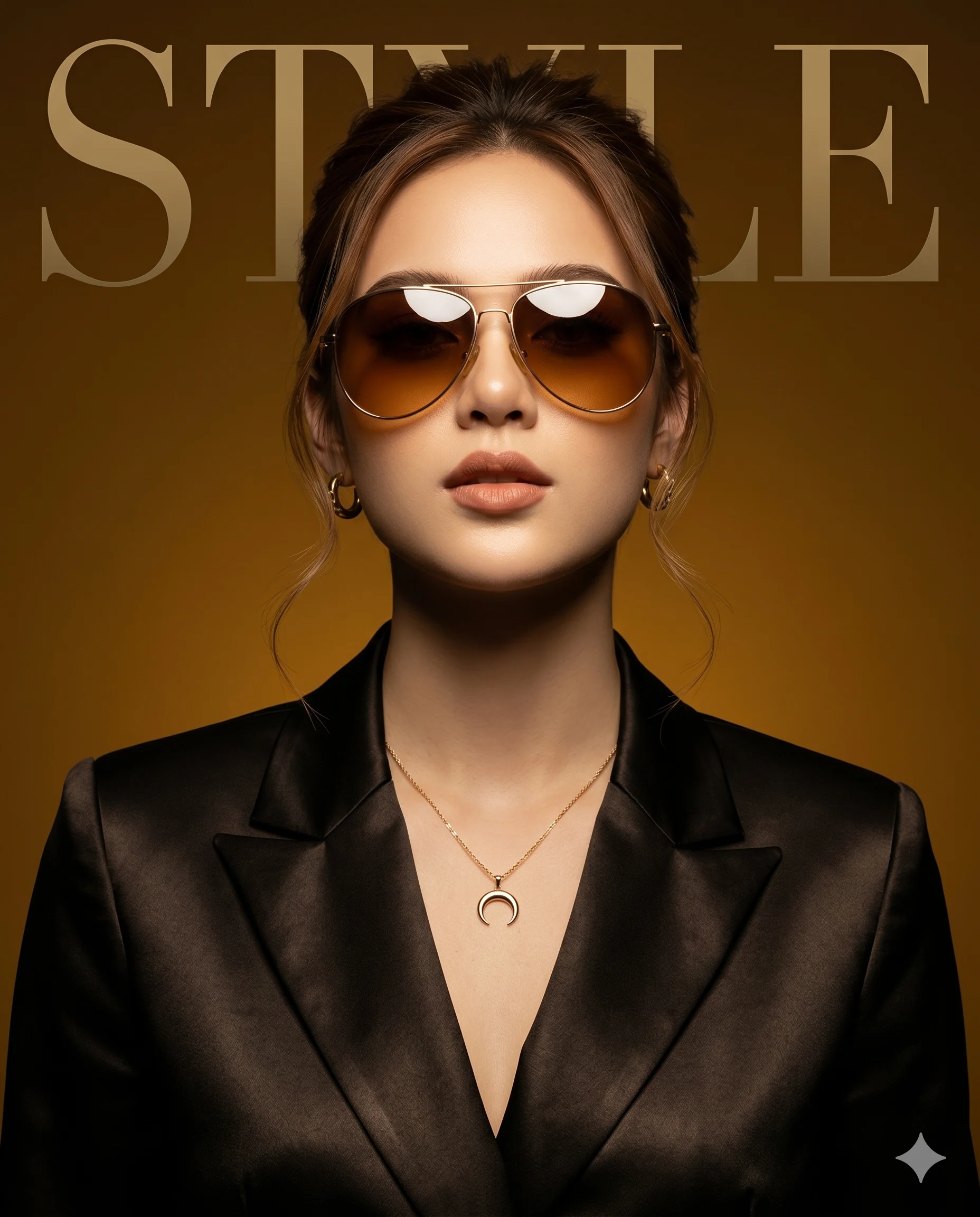 Woman in gold aviator sunglasses and black satin blazer before large STYLE lettering