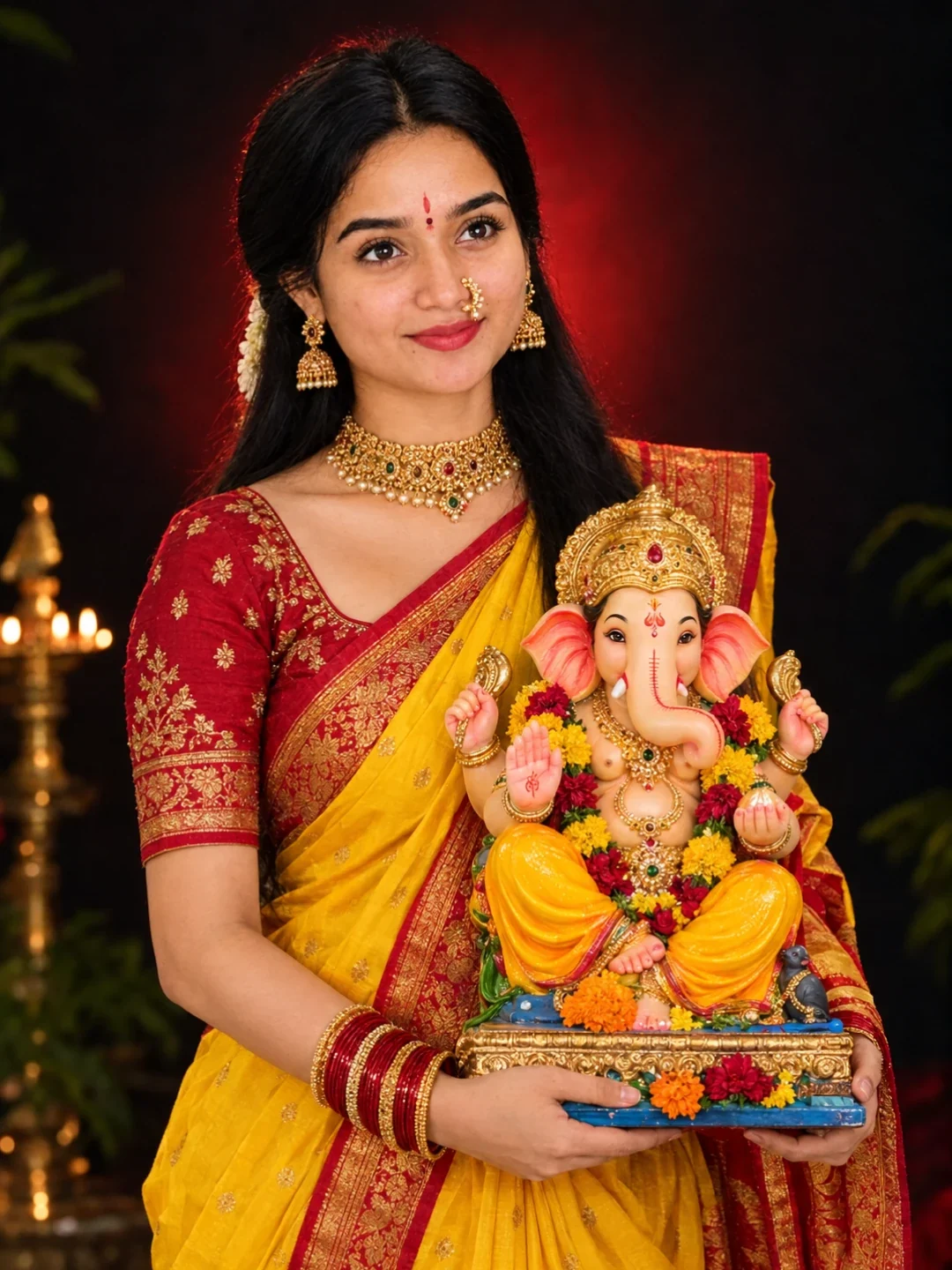 Ai Studio Indian visual with studio indian traditional red she gold ganesha