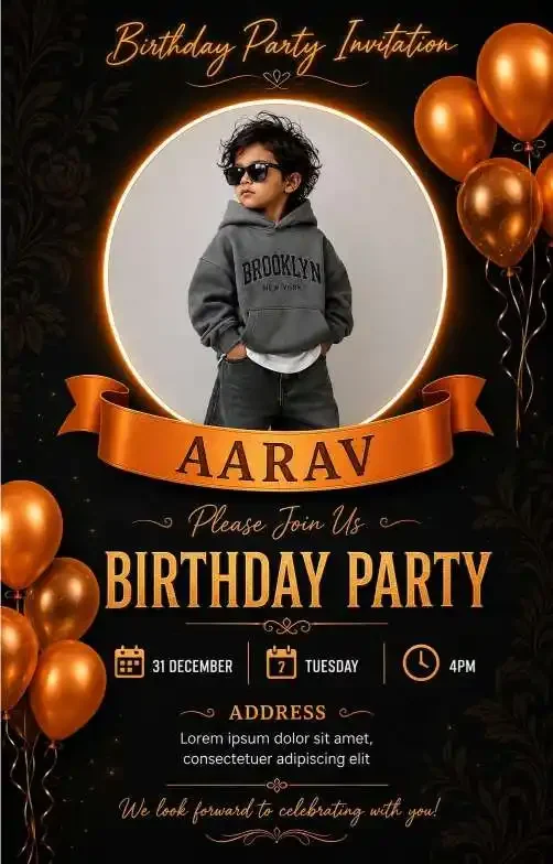 निमंत्रण जन्मदिन सुनहरे नारंगी कार्ड लोगो पाठ के साथ बेबी बॉय जन्मदिन विशेष निमंत्रण दृश्य