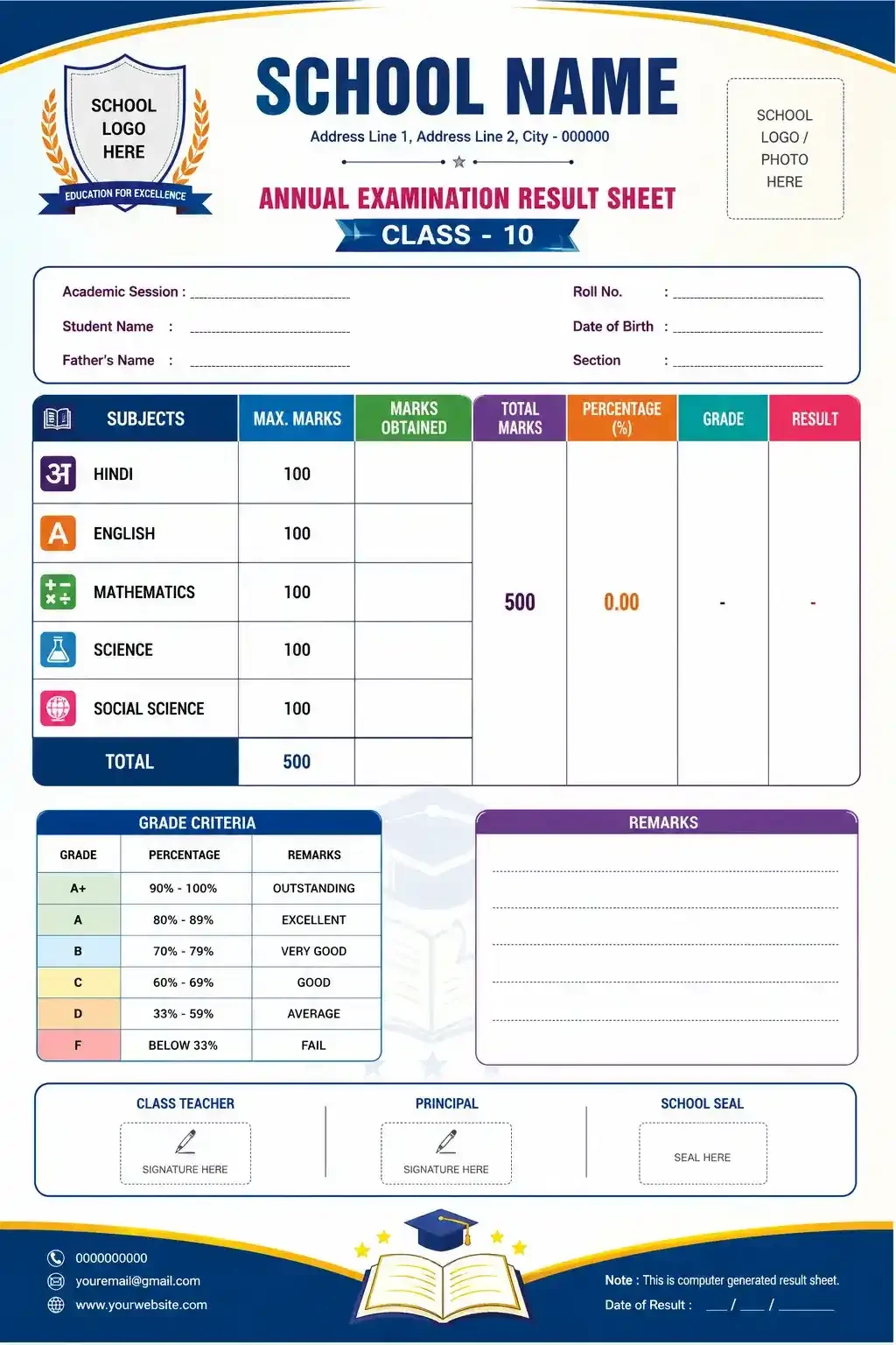 Cerificate Promt Editable visual with editable school logo name premium result placeholder