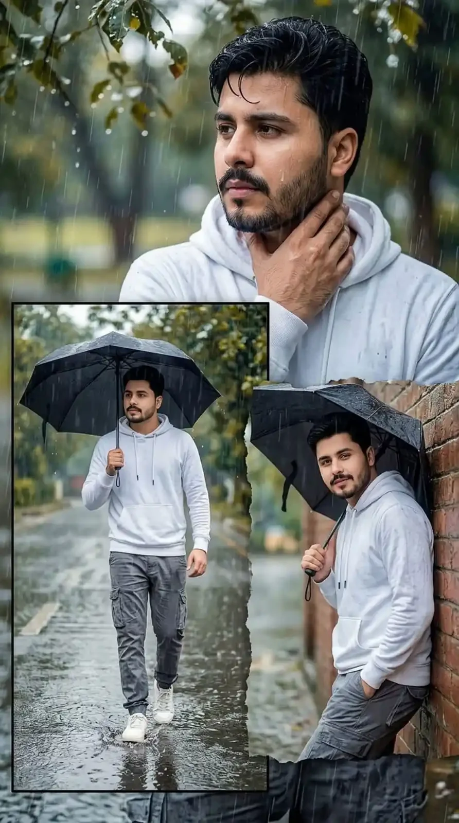 कोलाज इंडियन मैन का दृश्य कोलाज इंडियन मैन के साथ गीला हुडी पहने हुए
