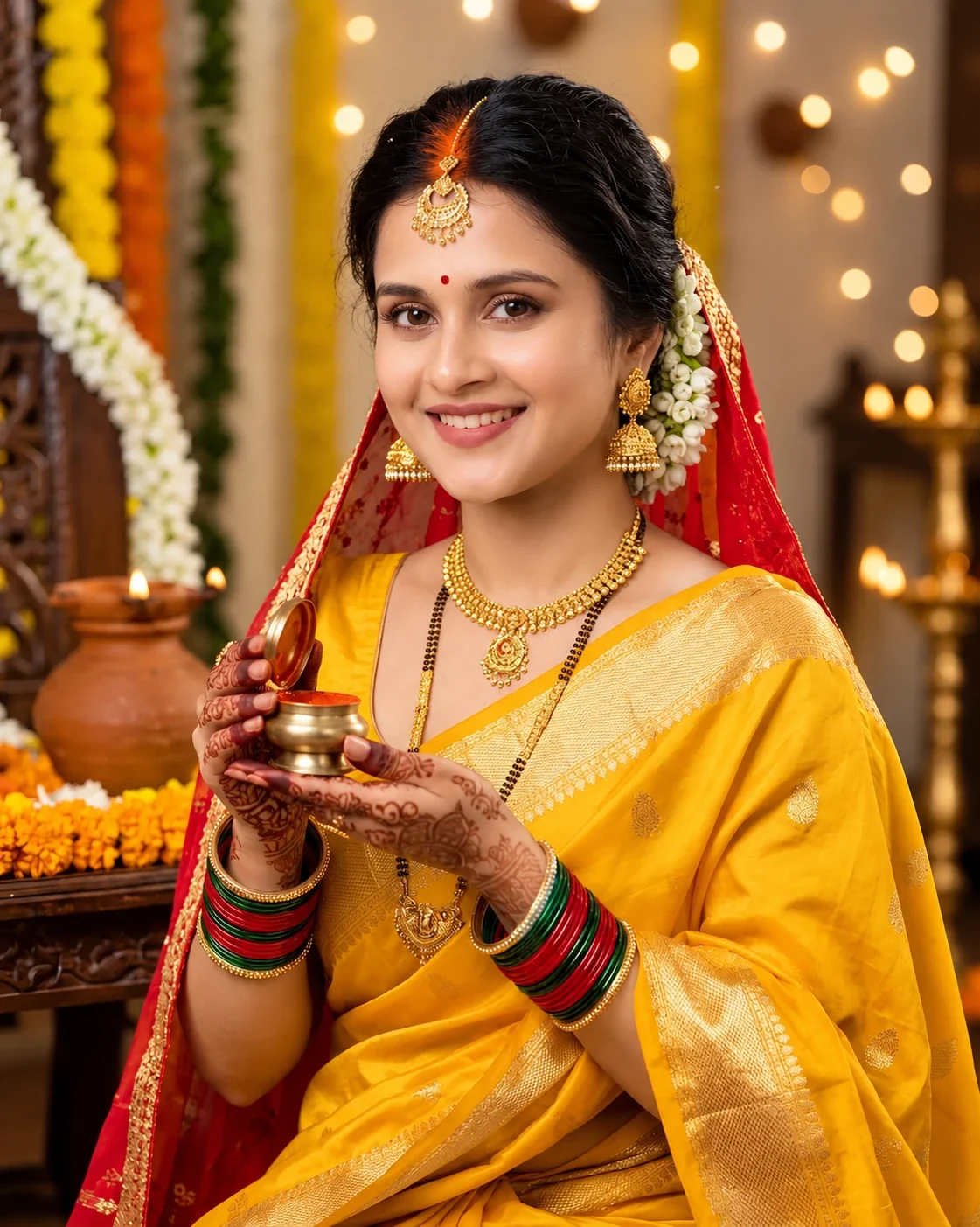 Festive Traditional Face visual with traditional face keep red sindoor hands natural