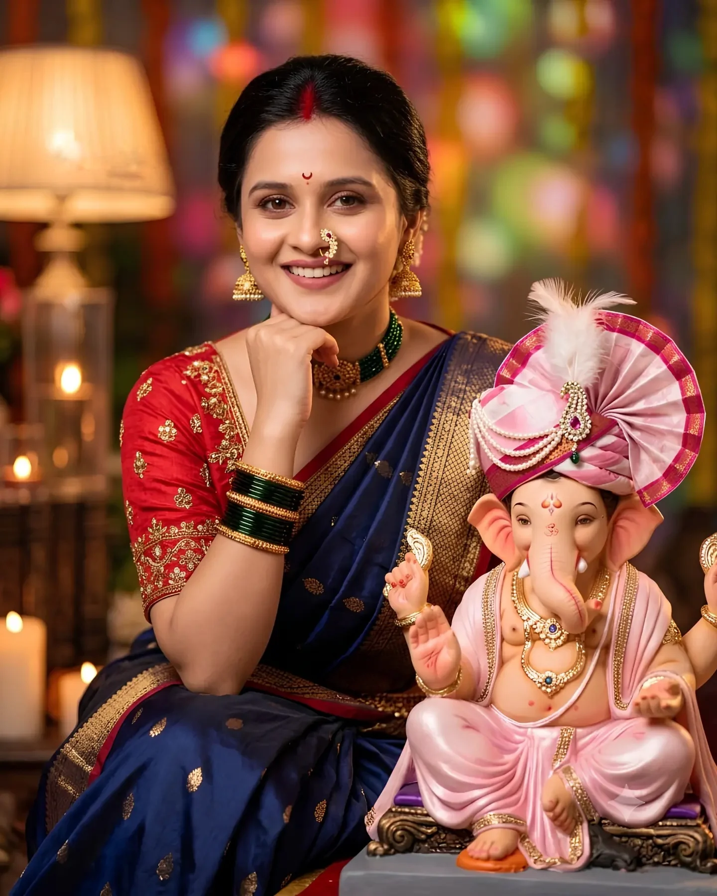 Ganpati Bappa Morya visual with traditional indian idol cinematic woman ganesha maharashtrian