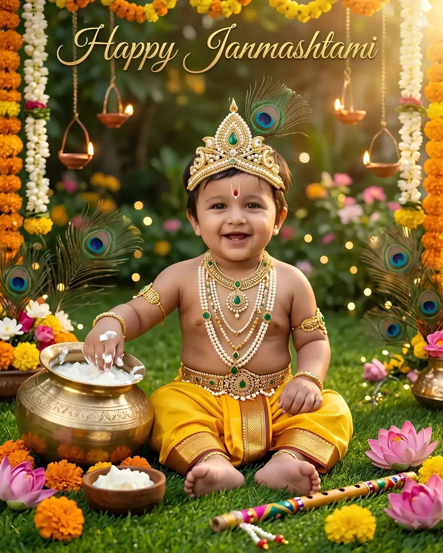 मोती मोर पहने सुनहरे भारतीय सोने के बच्चे के साथ गोल्डन इंडियन गोल्ड दृश्य