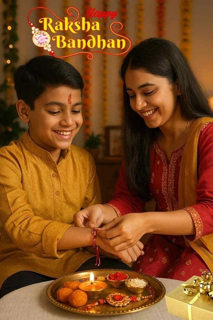 Happy Raksha Bandhan visual with brother sister faces are photorealistic raksha exact