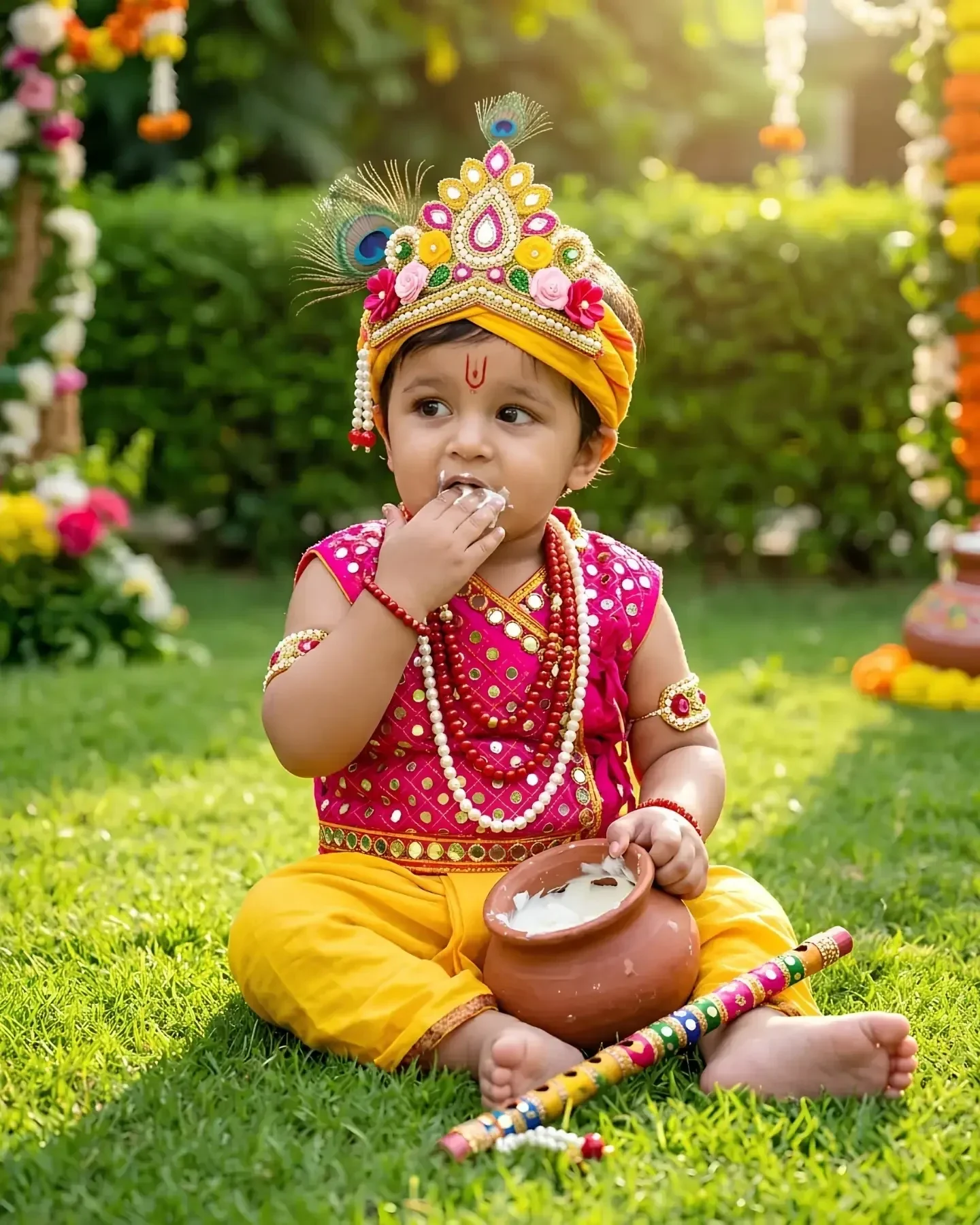 भारतीय प्यारे कृष्ण के साथ भारतीय प्यारे कृष्ण का दृश्य, हरी घास, पीला, रंगीन