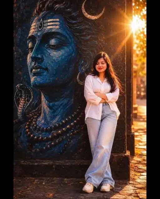 महादेव प्रॉम्प्ट सिनेमाई दृश्य, सिनेमाई पूर्ण लंबाई वाली दक्षिण एशियाई महिला की बंद आँखों के साथ